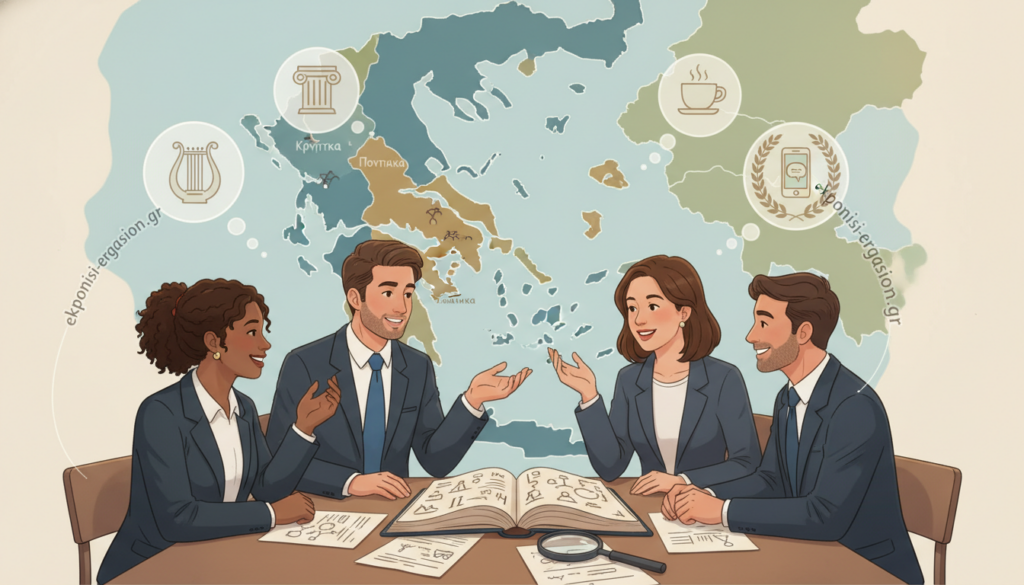 A vibrant and engaging illustration of "κοινωνιογλωσσολογία" (sociolinguistics) in the context of contemporary Greece. In the foreground, a diverse group of people in professional attire engage in animated discussion, representing various dialects and ethnic backgrounds. In the middle ground, an open book and scattered linguistics notes symbolize the academic aspect of the field. The background features a stylized map of Greece, highlighting different dialect regions, subtly blended with thought bubbles containing symbols of language and culture. Soft, warm lighting casts a friendly atmosphere, suggesting collaboration and exploration. The overall mood is intellectually stimulating and inclusive, perfect for an article section titled "Θεωρητικό Πλαίσιο". The image should not contain any text or logos, except the brand name "ekponisi-ergasion.gr" subtly incorporated into the design as an artistic element. A vibrant and engaging illustration of "κοινωνιογλωσσολογία" (sociolinguistics) in the context of contemporary Greece. In the foreground, a diverse group of people in professional attire engage in animated discussion, representing various dialects and ethnic backgrounds. In the middle ground, an open book and scattered linguistics notes symbolize the academic aspect of the field. The background features a stylized map of Greece, highlighting different dialect regions, subtly blended with thought bubbles containing symbols of language and culture. Soft, warm lighting casts a friendly atmosphere, suggesting collaboration and exploration. The overall mood is intellectually stimulating and inclusive, perfect for an article section titled "Θεωρητικό Πλαίσιο". The image should not contain any text or logos, except the brand name "ekponisi-ergasion.gr" subtly incorporated into the design as an artistic element.