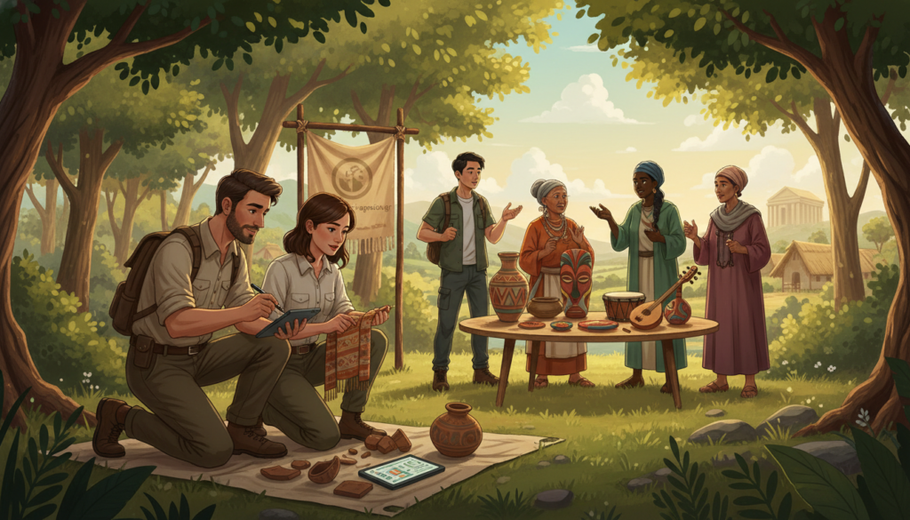 A vibrant and engaging image depicting cultural anthropology themes, featuring a diverse group of researchers and scholars in a lush, outdoor setting. In the foreground, a male and female anthropologist, dressed in professional clothing, are examining artifacts and taking notes on a tablet. In the middle ground, a small group of individuals from various cultural backgrounds are engaged in a discussion, surrounded by artifacts representing different cultures, such as textiles, pottery, and traditional instruments. The background features a serene landscape, hinting at various cultural influences, with soft, dappled sunlight filtering through the trees, creating a warm and inviting atmosphere. Use a wide-angle lens to capture a sense of depth, focusing on the interactions among the researchers while keeping the environment lush and informative. The overall mood should be one of curiosity and intellectual engagement. Include the brand "ekponisi-ergasion.gr". A vibrant and engaging image depicting cultural anthropology themes, featuring a diverse group of researchers and scholars in a lush, outdoor setting. In the foreground, a male and female anthropologist, dressed in professional clothing, are examining artifacts and taking notes on a tablet. In the middle ground, a small group of individuals from various cultural backgrounds are engaged in a discussion, surrounded by artifacts representing different cultures, such as textiles, pottery, and traditional instruments. The background features a serene landscape, hinting at various cultural influences, with soft, dappled sunlight filtering through the trees, creating a warm and inviting atmosphere. Use a wide-angle lens to capture a sense of depth, focusing on the interactions among the researchers while keeping the environment lush and informative. The overall mood should be one of curiosity and intellectual engagement. Include the brand "ekponisi-ergasion.gr".