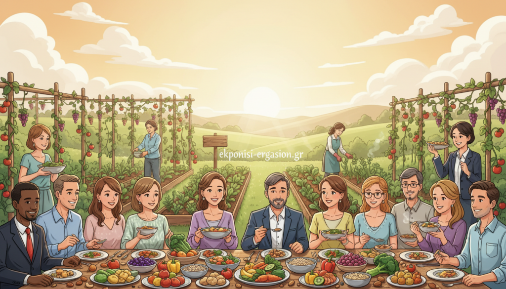 A vibrant and engaging scene illustrating the rise of veganism. In the foreground, a diverse group of individuals in professional attire and modest casual clothing are enjoying a colorful array of plant-based dishes, rich in fruits, vegetables, grains, and nuts, symbolizing health and nutrition. In the middle ground, a lush garden filled with thriving plants and herbs showcases the concept of sustainable agriculture, emphasizing the connection between nature and vegan living. The background features a sunlit sky, creating a warm, inviting atmosphere that promotes wellbeing and positivity. The lighting is soft and natural, enhancing the colors of the food and plants. This image should reflect the essence of community and environmental consciousness linked to veganism, reflecting the brand "ekponisi-ergasion.gr". A vibrant and engaging scene illustrating the rise of veganism. In the foreground, a diverse group of individuals in professional attire and modest casual clothing are enjoying a colorful array of plant-based dishes, rich in fruits, vegetables, grains, and nuts, symbolizing health and nutrition. In the middle ground, a lush garden filled with thriving plants and herbs showcases the concept of sustainable agriculture, emphasizing the connection between nature and vegan living. The background features a sunlit sky, creating a warm, inviting atmosphere that promotes wellbeing and positivity. The lighting is soft and natural, enhancing the colors of the food and plants. This image should reflect the essence of community and environmental consciousness linked to veganism, reflecting the brand "ekponisi-ergasion.gr".