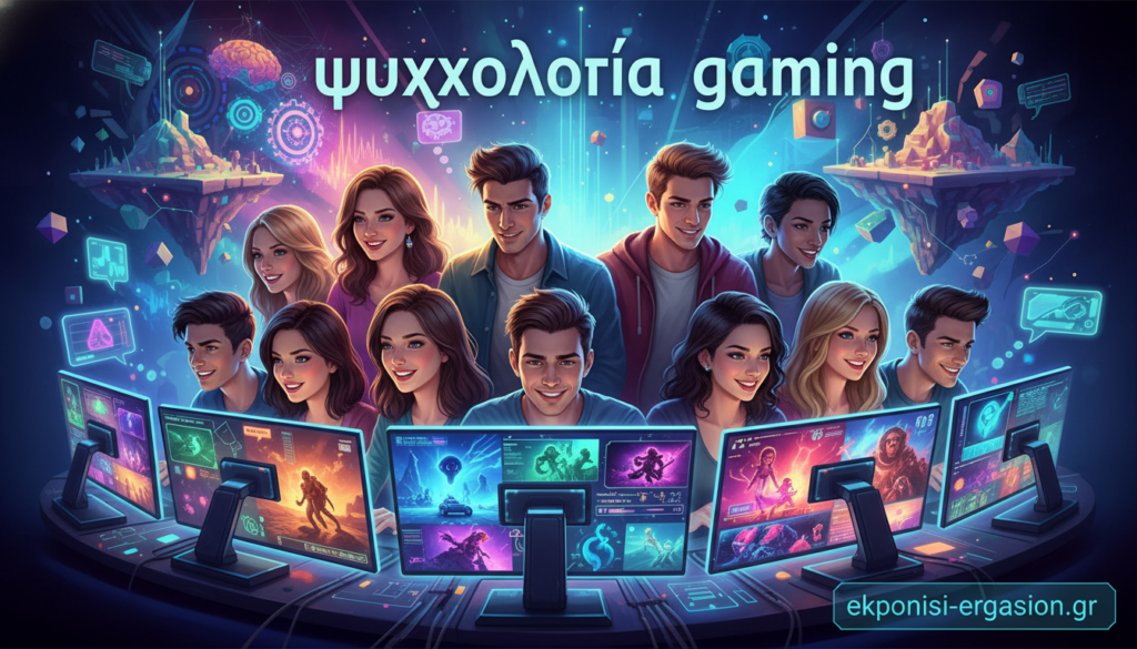 A vibrant and immersive digital illustration representing "ψυχολογία gaming." In the foreground, a diverse group of young adults is seated around a high-tech gaming setup, each engaged in intense gameplay, showcasing a range of expressions from concentration to delight. The middle layer features illuminated screens displaying various game environments, with colorful lights casting reflections on the players' faces, enhancing the atmosphere of excitement. The background presents a creative blend of game-related imagery like abstract representations of psychological elements, such as cognitive functions and emotional reactions, visually blending into a virtual landscape. Soft, ambient lighting creates a welcoming yet intense mood, while the composition is captured from a slightly elevated angle to evoke a sense of inclusion. The brand "ekponisi-ergasion.gr" subtly integrated into the scene, emphasizing the connection between gaming and psychology. A vibrant and immersive digital illustration representing "ψυχολογία gaming." In the foreground, a diverse group of young adults is seated around a high-tech gaming setup, each engaged in intense gameplay, showcasing a range of expressions from concentration to delight. The middle layer features illuminated screens displaying various game environments, with colorful lights casting reflections on the players' faces, enhancing the atmosphere of excitement. The background presents a creative blend of game-related imagery like abstract representations of psychological elements, such as cognitive functions and emotional reactions, visually blending into a virtual landscape. Soft, ambient lighting creates a welcoming yet intense mood, while the composition is captured from a slightly elevated angle to evoke a sense of inclusion. The brand "ekponisi-ergasion.gr" subtly integrated into the scene, emphasizing the connection between gaming and psychology.