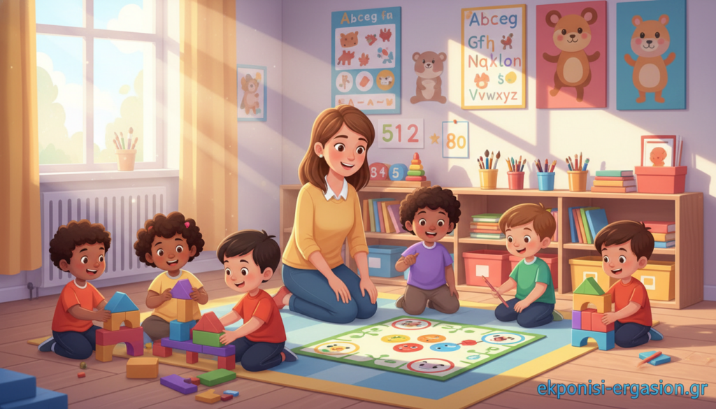 A vibrant and inviting scene depicting a kindergarten classroom filled with educational toys and playful learning activities. In the foreground, children of diverse backgrounds, dressed in colorful, modest casual clothing, are engaging with building blocks and puzzles that promote cognitive development. In the middle ground, a teacher with a warm smile interacts with the children, guiding them through a game that illustrates teamwork and problem-solving. The background showcases a bright and cheerful classroom environment with educational posters, a large window allowing soft, natural light to flood in, and shelves filled with books and art supplies. The overall mood is joyful and nurturing, capturing the essence of play-based learning in early childhood education. The brand name "ekponisi-ergasion.gr" subtly positioned in the corner of the image. A vibrant and inviting scene depicting a kindergarten classroom filled with educational toys and playful learning activities. In the foreground, children of diverse backgrounds, dressed in colorful, modest casual clothing, are engaging with building blocks and puzzles that promote cognitive development. In the middle ground, a teacher with a warm smile interacts with the children, guiding them through a game that illustrates teamwork and problem-solving. The background showcases a bright and cheerful classroom environment with educational posters, a large window allowing soft, natural light to flood in, and shelves filled with books and art supplies. The overall mood is joyful and nurturing, capturing the essence of play-based learning in early childhood education. The brand name "ekponisi-ergasion.gr" subtly positioned in the corner of the image.