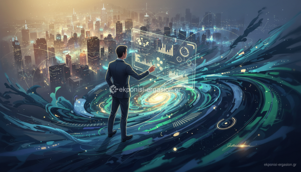 A vibrant and thought-provoking visualization of "αντίληψη" (perception) in the context of data visualization principles. In the foreground, abstract shapes and flowing lines represent various data patterns and insights, rendered in soft, rich hues of blue and green. The middle layer features a stylized representation of a human figure in professional business attire, engaging with interactive data visualizations on a sleek digital interface. The background sketches in a dynamic cityscape illuminated by ethereal light, suggesting connectivity and modernity. Use a high-angle perspective to emphasize the depth of the scene, with warm, diffused lighting creating an inspiring and innovative atmosphere. The composition should be balanced and harmonious, evoking a sense of clarity and understanding. The brand logo "ekponisi-ergasion.gr" subtly integrated within the design. A vibrant and thought-provoking visualization of "αντίληψη" (perception) in the context of data visualization principles. In the foreground, abstract shapes and flowing lines represent various data patterns and insights, rendered in soft, rich hues of blue and green. The middle layer features a stylized representation of a human figure in professional business attire, engaging with interactive data visualizations on a sleek digital interface. The background sketches in a dynamic cityscape illuminated by ethereal light, suggesting connectivity and modernity. Use a high-angle perspective to emphasize the depth of the scene, with warm, diffused lighting creating an inspiring and innovative atmosphere. The composition should be balanced and harmonious, evoking a sense of clarity and understanding. The brand logo "ekponisi-ergasion.gr" subtly integrated within the design.