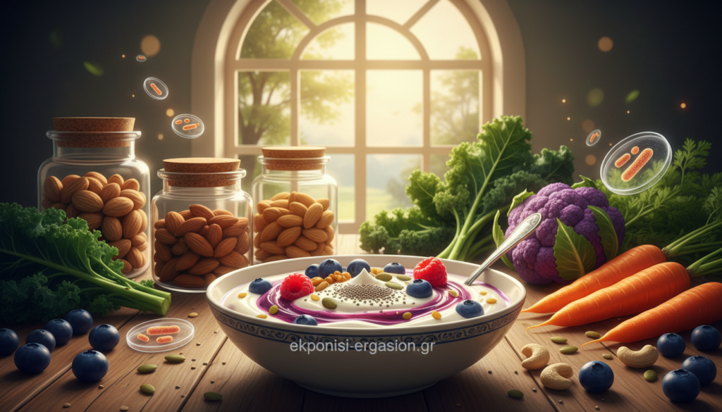 A vibrant arrangement of functional foods displayed artistically on a wooden table, highlighting items such as colorful fruits, vegetables, yogurt with visible probiotics, nuts, and grains. In the foreground, a close-up of a bowl filled with yogurt topped with fresh berries and a sprinkle of seeds, capturing the essence of health and vitality. The middle ground features neatly arranged jars of various nuts and a collection of organic vegetables, showcasing their freshness. In the background, soft natural lighting filters through a nearby window, creating a warm and inviting atmosphere. The setting exudes a sense of wellness and scientific integrity, ideal for an article about functional foods and probiotics. The branding "ekponisi-ergasion.gr" subtly integrated in the design. A vibrant arrangement of functional foods displayed artistically on a wooden table, highlighting items such as colorful fruits, vegetables, yogurt with visible probiotics, nuts, and grains. In the foreground, a close-up of a bowl filled with yogurt topped with fresh berries and a sprinkle of seeds, capturing the essence of health and vitality. The middle ground features neatly arranged jars of various nuts and a collection of organic vegetables, showcasing their freshness. In the background, soft natural lighting filters through a nearby window, creating a warm and inviting atmosphere. The setting exudes a sense of wellness and scientific integrity, ideal for an article about functional foods and probiotics. The branding "ekponisi-ergasion.gr" subtly integrated in the design.