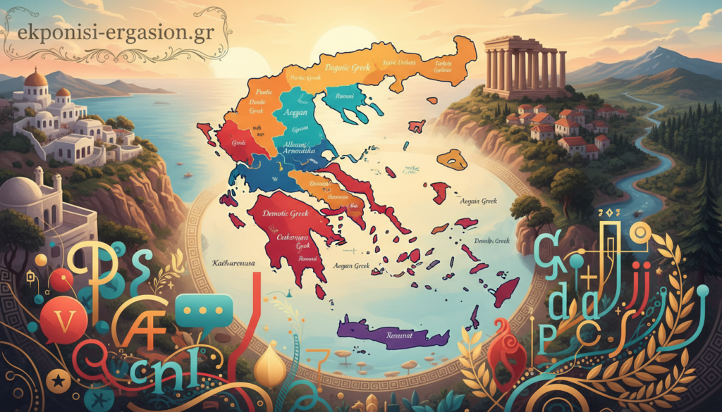 A vibrant depiction of linguistic diversity in modern Greece, focusing on a colorful map showcasing various dialects and languages spoken across the country. In the foreground, illustrate abstract linguistic symbols and icons representing different dialects, artistically intertwined with traditional Greek patterns. The middle ground features a blend of serene landscapes from various regions, including iconic Greek architecture and natural scenery, symbolizing the cultural richness. In the background, a soft sunset bathes the scene in warm golden light, creating a welcoming atmosphere. Use a wide-angle lens to capture depth and detail, emphasizing the beauty of Greece’s multifaceted languages. The overall mood is one of celebration and unity in diversity. Include the brand name "ekponisi-ergasion.gr" subtly integrated into the design, ensuring it does not distract from the main imagery. A vibrant depiction of linguistic diversity in modern Greece, focusing on a colorful map showcasing various dialects and languages spoken across the country. In the foreground, illustrate abstract linguistic symbols and icons representing different dialects, artistically intertwined with traditional Greek patterns. The middle ground features a blend of serene landscapes from various regions, including iconic Greek architecture and natural scenery, symbolizing the cultural richness. In the background, a soft sunset bathes the scene in warm golden light, creating a welcoming atmosphere. Use a wide-angle lens to capture depth and detail, emphasizing the beauty of Greece’s multifaceted languages. The overall mood is one of celebration and unity in diversity. Include the brand name "ekponisi-ergasion.gr" subtly integrated into the design, ensuring it does not distract from the main imagery.