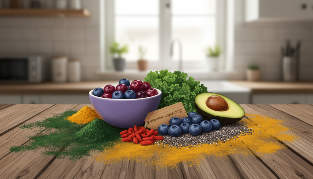 A vibrant display of superfoods, featuring a variety of colorful fruits, vegetables, and seeds arranged artistically on a rustic wooden table. In the foreground, bright green spirulina powder, golden turmeric, and red goji berries are artistically scattered around, while a bowl of acai berries and a sliced avocado sit prominently. In the middle, freshly cut kale leaves, juicy blueberries, and chia seeds create layers of texture and color. The background softly fades into a kitchen setting, with natural light streaming in, casting gentle shadows across the scene. The mood is fresh, healthy, and inviting, ideal for illustrating the concept of superfoods. Incorporate the brand name "ekponisi-ergasion.gr" subtly into the design, ensuring it blends harmoniously with the vibrant colors and textures of the superfoods. A vibrant display of superfoods, featuring a variety of colorful fruits, vegetables, and seeds arranged artistically on a rustic wooden table. In the foreground, bright green spirulina powder, golden turmeric, and red goji berries are artistically scattered around, while a bowl of acai berries and a sliced avocado sit prominently. In the middle, freshly cut kale leaves, juicy blueberries, and chia seeds create layers of texture and color. The background softly fades into a kitchen setting, with natural light streaming in, casting gentle shadows across the scene. The mood is fresh, healthy, and inviting, ideal for illustrating the concept of superfoods. Incorporate the brand name "ekponisi-ergasion.gr" subtly into the design, ensuring it blends harmoniously with the vibrant colors and textures of the superfoods.