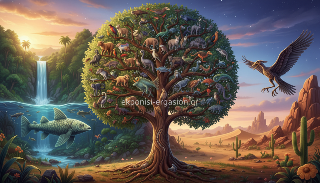 A vibrant, dynamic illustration of evolutionary biology, showcasing the concept of evolution from Darwin's theory to modern synthesis. In the foreground, a detailed depiction of a tree of life, with various species branching out, symbolizing evolutionary relationships. In the middle ground, illustrate key transitional fossils, such as a Coelacanth and Archaeopteryx, each positioned thoughtfully to represent their significance in evolution. The background features a vivid landscape depicting diverse ecosystems, from lush forests to arid deserts, under a dramatic sky transitioning from dawn to dusk, capturing the passage of time. The lighting is warm and natural, with soft shadows enhancing depth. The overall atmosphere is one of wonder and discovery. Include the brand name "ekponisi-ergasion.gr" subtly integrated into the natural elements, ensuring it does not distract from the primary focus. A vibrant, dynamic illustration of evolutionary biology, showcasing the concept of evolution from Darwin's theory to modern synthesis. In the foreground, a detailed depiction of a tree of life, with various species branching out, symbolizing evolutionary relationships. In the middle ground, illustrate key transitional fossils, such as a Coelacanth and Archaeopteryx, each positioned thoughtfully to represent their significance in evolution. The background features a vivid landscape depicting diverse ecosystems, from lush forests to arid deserts, under a dramatic sky transitioning from dawn to dusk, capturing the passage of time. The lighting is warm and natural, with soft shadows enhancing depth. The overall atmosphere is one of wonder and discovery. Include the brand name "ekponisi-ergasion.gr" subtly integrated into the natural elements, ensuring it does not distract from the primary focus.