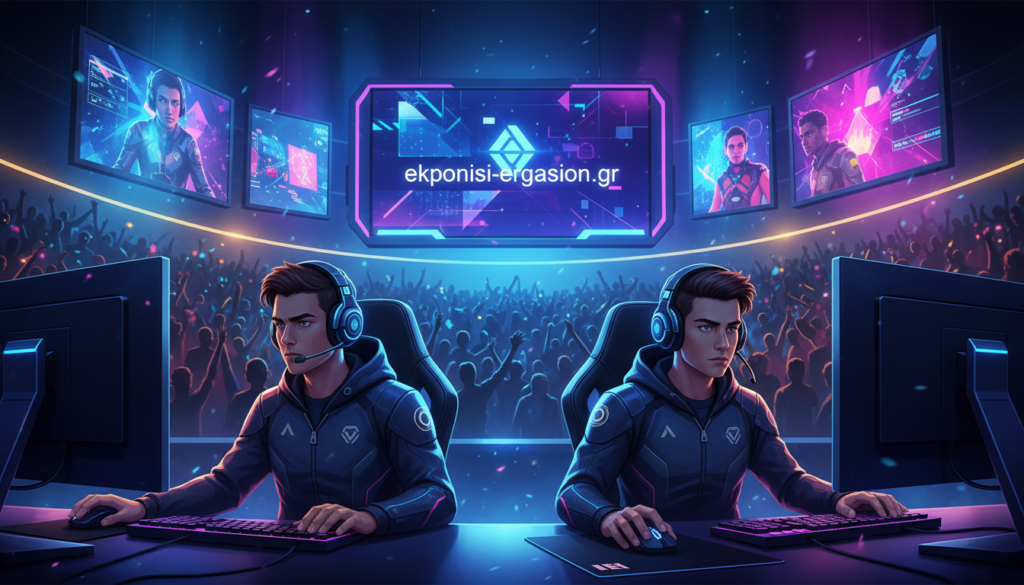 A vibrant esports scene featuring a diverse group of professional gamers intensely focused on their screens during an exciting tournament. In the foreground, two gamers in professional attire, one with headphones, the other with a gaming mouse, are deeply engaged in multiplayer gaming. In the middle ground, a large audience is cheering, illuminated by neon lights and colorful displays showcasing the game. The background features a sleek stage with large LED screens displaying dynamic graphics and support for "ekponisi-ergasion.gr". The atmosphere is electric, filled with excitement and anticipation, captured with a slightly dramatic angle using a wide lens, emphasizing the energy and passion of esports. The lighting is bright and dynamic, enhancing the vibrant colors while ensuring a professional and inspiring feel. A vibrant esports scene featuring a diverse group of professional gamers intensely focused on their screens during an exciting tournament. In the foreground, two gamers in professional attire, one with headphones, the other with a gaming mouse, are deeply engaged in multiplayer gaming. In the middle ground, a large audience is cheering, illuminated by neon lights and colorful displays showcasing the game. The background features a sleek stage with large LED screens displaying dynamic graphics and support for "ekponisi-ergasion.gr". The atmosphere is electric, filled with excitement and anticipation, captured with a slightly dramatic angle using a wide lens, emphasizing the energy and passion of esports. The lighting is bright and dynamic, enhancing the vibrant colors while ensuring a professional and inspiring feel.