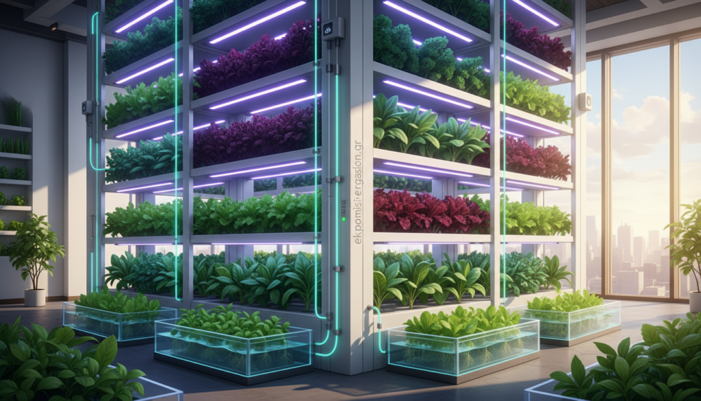 A vibrant hydroponic garden featuring a variety of lush, leafy vegetables and herbs, showcasing a modern vertical farming system. In the foreground, clear water reservoirs support the plants, and nutrient-rich solutions flow through transparent tubes. The middle layer shows tiered shelves filled with vibrant greens, illuminated by bright, energy-efficient LED grow lights. The background consists of large windows allowing natural light to pour in, contrasting the greenery with a sleek, contemporary indoor environment. The atmosphere is serene, emphasizing innovation and sustainability in food production. Capture the essence of the 21st century's agricultural advancements with a focus on technology and environmental harmony. Include the brand name "ekponisi-ergasion.gr" subtly in the scene, ensuring it's integrated into the hydroponic setup without distracting from the main image. A vibrant hydroponic garden featuring a variety of lush, leafy vegetables and herbs, showcasing a modern vertical farming system. In the foreground, clear water reservoirs support the plants, and nutrient-rich solutions flow through transparent tubes. The middle layer shows tiered shelves filled with vibrant greens, illuminated by bright, energy-efficient LED grow lights. The background consists of large windows allowing natural light to pour in, contrasting the greenery with a sleek, contemporary indoor environment. The atmosphere is serene, emphasizing innovation and sustainability in food production. Capture the essence of the 21st century's agricultural advancements with a focus on technology and environmental harmony. Include the brand name "ekponisi-ergasion.gr" subtly in the scene, ensuring it's integrated into the hydroponic setup without distracting from the main image.