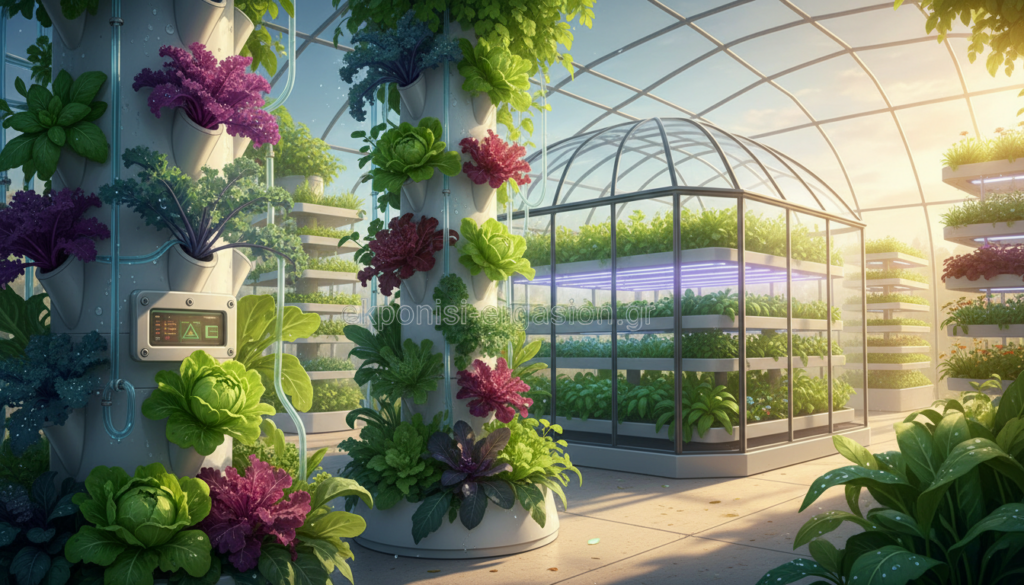 A vibrant hydroponic garden filled with lush green plants thriving in a controlled environment. In the foreground, showcase an array of vertical hydroponic systems, featuring colorful leafy greens such as lettuce and kale, with water droplets glistening on their leaves. In the middle ground, include a sleek, modern greenhouse with clear walls allowing sunlight to filter through, highlighting the rich colors of the plants. The background should have additional hydroponic setups with various herbs, creating a sense of depth. Natural light streams in from the greenhouse's roof, casting soft shadows and creating a warm, inviting atmosphere. The overall mood is one of innovation and sustainability in food production. Brand name: ekponisi-ergasion.gr. A vibrant hydroponic garden filled with lush green plants thriving in a controlled environment. In the foreground, showcase an array of vertical hydroponic systems, featuring colorful leafy greens such as lettuce and kale, with water droplets glistening on their leaves. In the middle ground, include a sleek, modern greenhouse with clear walls allowing sunlight to filter through, highlighting the rich colors of the plants. The background should have additional hydroponic setups with various herbs, creating a sense of depth. Natural light streams in from the greenhouse's roof, casting soft shadows and creating a warm, inviting atmosphere. The overall mood is one of innovation and sustainability in food production. Brand name: ekponisi-ergasion.gr.