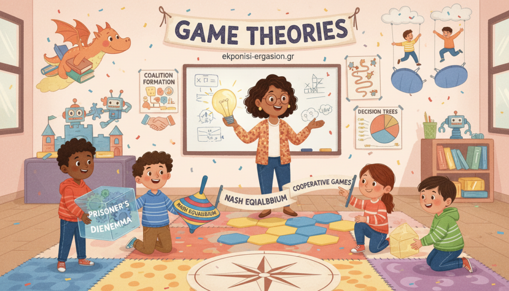 A vibrant illustration of various game theories in an educational context, showcasing a diverse group of children playing collaboratively in a colorful, cheerful classroom. In the foreground, a mixed-gender group, dressed in modest casual clothing, engages with oversized educational game pieces that symbolize different theories. The middle ground features a teacher guiding them, fostering an interactive learning environment, surrounded by posters of game theory concepts. The background displays playful, imaginative wall art representing learning through play. The lighting is warm and inviting, creating an atmosphere of creativity and teamwork. The angle is slightly elevated, capturing the dynamics of the interaction from above. This scene reflects the essence of learning through play, illustrating the theme of "Game Theories." Brand: ekponisi-ergasion.gr. A vibrant illustration of various game theories in an educational context, showcasing a diverse group of children playing collaboratively in a colorful, cheerful classroom. In the foreground, a mixed-gender group, dressed in modest casual clothing, engages with oversized educational game pieces that symbolize different theories. The middle ground features a teacher guiding them, fostering an interactive learning environment, surrounded by posters of game theory concepts. The background displays playful, imaginative wall art representing learning through play. The lighting is warm and inviting, creating an atmosphere of creativity and teamwork. The angle is slightly elevated, capturing the dynamics of the interaction from above. This scene reflects the essence of learning through play, illustrating the theme of "Game Theories." Brand: ekponisi-ergasion.gr.