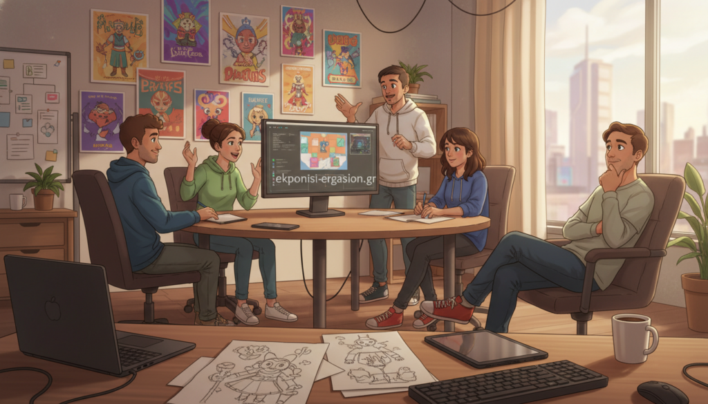 A vibrant indie game development scene, showcasing a diverse group of young professionals collaborating in a modern workspace. The foreground features a laptop and sketches of characters, while the middle reveals team members discussing ideas, dressed in casual attire, with focused expressions. The background displays colorful posters of various indie games, creating an inspiring atmosphere. Soft, warm lighting illuminates the space, highlighting creativity and innovation. A large window reveals a cityscape outside, adding depth to the scene. The mood is energetic and hopeful, capturing the essence of the indie game scene. Incorporate the brand name "ekponisi-ergasion.gr" subtly into the workspace decor. A vibrant indie game development scene, showcasing a diverse group of young professionals collaborating in a modern workspace. The foreground features a laptop and sketches of characters, while the middle reveals team members discussing ideas, dressed in casual attire, with focused expressions. The background displays colorful posters of various indie games, creating an inspiring atmosphere. Soft, warm lighting illuminates the space, highlighting creativity and innovation. A large window reveals a cityscape outside, adding depth to the scene. The mood is energetic and hopeful, capturing the essence of the indie game scene. Incorporate the brand name "ekponisi-ergasion.gr" subtly into the workspace decor.