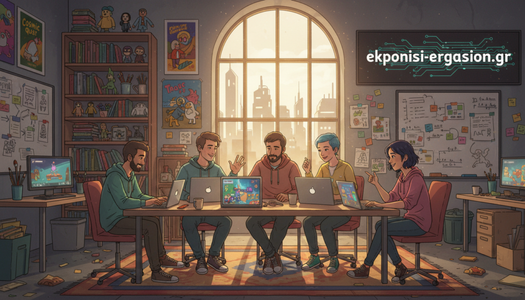 A vibrant indie game development studio filled with creativity and innovation. In the foreground, a diverse group of professional developers sits around a table, focused intently on their laptops, each displaying colorful and imaginative game designs. They are dressed in modest, casual clothing, exuding a collaborative atmosphere. In the middle ground, shelves filled with art supplies, game posters, and creative brainstorming boards create an inspiring environment. The background features a large window with warm sunlight streaming in, casting a soft glow over the scene. The overall mood is one of excitement and possibility, embodying the spirit of indie game development. The image prominently includes the brand name "ekponisi-ergasion.gr" as part of the studio's decor, subtly enhancing the professional ambiance. A vibrant indie game development studio filled with creativity and innovation. In the foreground, a diverse group of professional developers sits around a table, focused intently on their laptops, each displaying colorful and imaginative game designs. They are dressed in modest, casual clothing, exuding a collaborative atmosphere. In the middle ground, shelves filled with art supplies, game posters, and creative brainstorming boards create an inspiring environment. The background features a large window with warm sunlight streaming in, casting a soft glow over the scene. The overall mood is one of excitement and possibility, embodying the spirit of indie game development. The image prominently includes the brand name "ekponisi-ergasion.gr" as part of the studio's decor, subtly enhancing the professional ambiance.