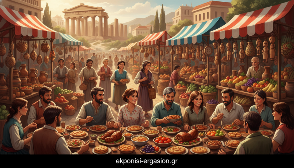 A vibrant marketplace scene capturing the essence of "πολιτισμός" (culture). In the foreground, a diverse group of people in modest casual clothing shares traditional dishes that reflect their heritage, showcasing an array of colorful ingredients and presentations. The middle ground features stalls adorned with artisan crafts and fresh produce, evoking a sense of community and connection through food. The background reveals an ancient architecture silhouette, subtly blending historical elements with modern life. Soft, warm lighting filters in from the side, creating a harmonious atmosphere. The composition is framed from a slightly elevated angle to capture the bustling energy while maintaining clarity in the details. The overall mood is inviting and reflective of shared cultural identities. ekponisi-ergasion.gr A vibrant marketplace scene capturing the essence of "πολιτισμός" (culture). In the foreground, a diverse group of people in modest casual clothing shares traditional dishes that reflect their heritage, showcasing an array of colorful ingredients and presentations. The middle ground features stalls adorned with artisan crafts and fresh produce, evoking a sense of community and connection through food. The background reveals an ancient architecture silhouette, subtly blending historical elements with modern life. Soft, warm lighting filters in from the side, creating a harmonious atmosphere. The composition is framed from a slightly elevated angle to capture the bustling energy while maintaining clarity in the details. The overall mood is inviting and reflective of shared cultural identities. ekponisi-ergasion.gr