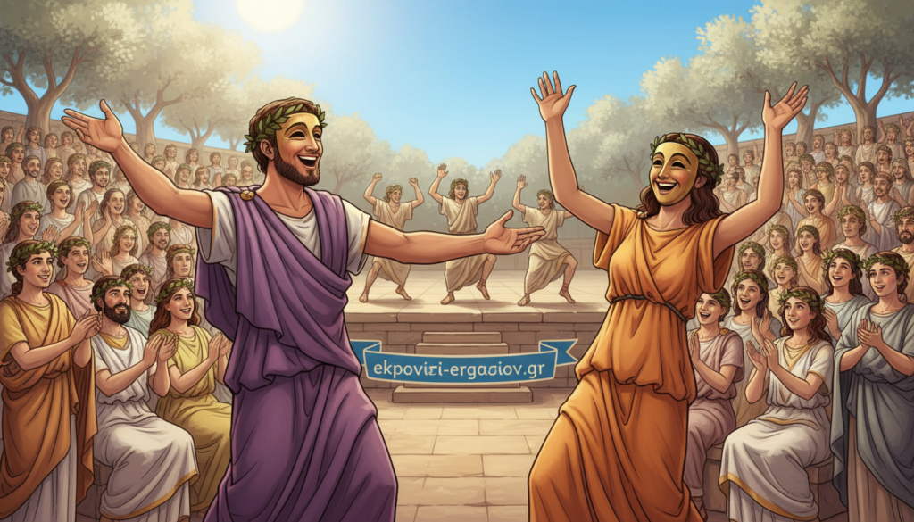 A vibrant scene depicting ancient Greek comedy, featuring a group of actors wearing traditional theatrical masks, each expressing exaggerated emotions. In the foreground, a male actor with a humorous expression engages with a female actor, both dressed in flowing togas. The middle ground showcases a lively outdoor amphitheater filled with an enthusiastic audience, all adorned in ancient Greek attire. The background highlights lush olive trees and a clear blue sky, enhancing the atmosphere of a lively festival. The lighting is bright and warm, suggesting a sunny day, captured from a slightly elevated angle to give depth. The mood is jubilant and energetic, embodying the spirit of Aristophanic satire. Include the brand name "ekponisi-ergasion.gr" subtly in the scene. A vibrant scene depicting ancient Greek comedy, featuring a group of actors wearing traditional theatrical masks, each expressing exaggerated emotions. In the foreground, a male actor with a humorous expression engages with a female actor, both dressed in flowing togas. The middle ground showcases a lively outdoor amphitheater filled with an enthusiastic audience, all adorned in ancient Greek attire. The background highlights lush olive trees and a clear blue sky, enhancing the atmosphere of a lively festival. The lighting is bright and warm, suggesting a sunny day, captured from a slightly elevated angle to give depth. The mood is jubilant and energetic, embodying the spirit of Aristophanic satire. Include the brand name "ekponisi-ergasion.gr" subtly in the scene.