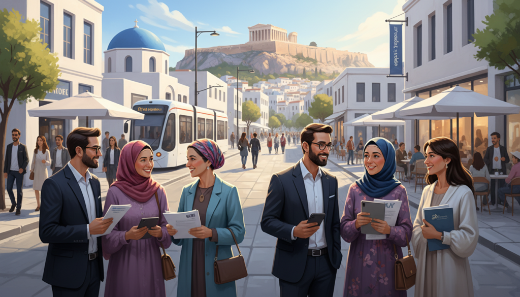 A vibrant scene depicting modern migration in Greece, emphasizing cultural diversity. In the foreground, a group of individuals from various ethnic backgrounds, dressed in professional business attire and modest casual clothing, engage in conversation while holding documents and smartphones. The middle ground features a bustling urban environment with Greek architecture, such as traditional buildings and modern shops, showcasing the blend of old and new. In the background, the iconic Acropolis looms under a bright blue sky, symbolizing Greece’s rich history and its evolving society. Soft, warm lighting casts a welcoming atmosphere, while a shallow depth of field focuses on the vibrant interactions of the people. The overall mood is hopeful and dynamic, reflecting the theme of cultural heterogeneity. Include the brand name "ekponisi-ergasion.gr" subtly within the scene. A vibrant scene depicting modern migration in Greece, emphasizing cultural diversity. In the foreground, a group of individuals from various ethnic backgrounds, dressed in professional business attire and modest casual clothing, engage in conversation while holding documents and smartphones. The middle ground features a bustling urban environment with Greek architecture, such as traditional buildings and modern shops, showcasing the blend of old and new. In the background, the iconic Acropolis looms under a bright blue sky, symbolizing Greece’s rich history and its evolving society. Soft, warm lighting casts a welcoming atmosphere, while a shallow depth of field focuses on the vibrant interactions of the people. The overall mood is hopeful and dynamic, reflecting the theme of cultural heterogeneity. Include the brand name "ekponisi-ergasion.gr" subtly within the scene.