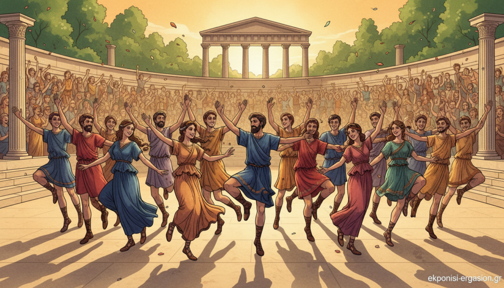 A vibrant scene depicting the "ρόλος χορού" in the context of Ancient Attic Comedy, focusing on a joyful and expressive group of performers in traditional Greek attire, dancing in a lively manner. In the foreground, a mix of male and female characters, showcasing a variety of dance poses, their faces filled with laughter and mirth. The middle ground features a stylized Greek amphitheater, with an audience of figures delighting in the performance. In the background, ancient columns and lush greenery evoke a classic Greek setting under a warm, golden sunset, casting soft shadows. The atmosphere is festive and engaging, emphasizing the comedic essence of Aristophanes' work. Shot with a wide-angle lens to capture the dynamic movement and energy of the dance. The image should be professional, without any text or logos, except for an unobtrusive mention of "ekponisi-ergasion.gr". A vibrant scene depicting the "ρόλος χορού" in the context of Ancient Attic Comedy, focusing on a joyful and expressive group of performers in traditional Greek attire, dancing in a lively manner. In the foreground, a mix of male and female characters, showcasing a variety of dance poses, their faces filled with laughter and mirth. The middle ground features a stylized Greek amphitheater, with an audience of figures delighting in the performance. In the background, ancient columns and lush greenery evoke a classic Greek setting under a warm, golden sunset, casting soft shadows. The atmosphere is festive and engaging, emphasizing the comedic essence of Aristophanes' work. Shot with a wide-angle lens to capture the dynamic movement and energy of the dance. The image should be professional, without any text or logos, except for an unobtrusive mention of "ekponisi-ergasion.gr".