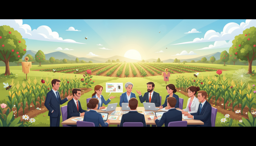A vibrant scene illustrating the principles of Integrated Pest Management (IPM). In the foreground, a diverse group of professionals in business attire discusses various biological and alternative pest control methods, surrounded by graphs and charts on a table. The middle ground features a lush agricultural landscape, showcasing healthy crops and beneficial insects like ladybugs and bees, emphasizing a balanced ecosystem. The background reveals a clear sky with soft sunlight illuminating the scene, creating an optimistic and collaborative atmosphere. The mood is one of hope and innovation, capturing the essence of sustainable agriculture. The image should be vibrant and engaging, with clear focus on the interaction between the characters and the healthy environment, without any text or logos. Brand name: ekponisi-ergasion.gr. A vibrant scene illustrating the principles of Integrated Pest Management (IPM). In the foreground, a diverse group of professionals in business attire discusses various biological and alternative pest control methods, surrounded by graphs and charts on a table. The middle ground features a lush agricultural landscape, showcasing healthy crops and beneficial insects like ladybugs and bees, emphasizing a balanced ecosystem. The background reveals a clear sky with soft sunlight illuminating the scene, creating an optimistic and collaborative atmosphere. The mood is one of hope and innovation, capturing the essence of sustainable agriculture. The image should be vibrant and engaging, with clear focus on the interaction between the characters and the healthy environment, without any text or logos. Brand name: ekponisi-ergasion.gr.