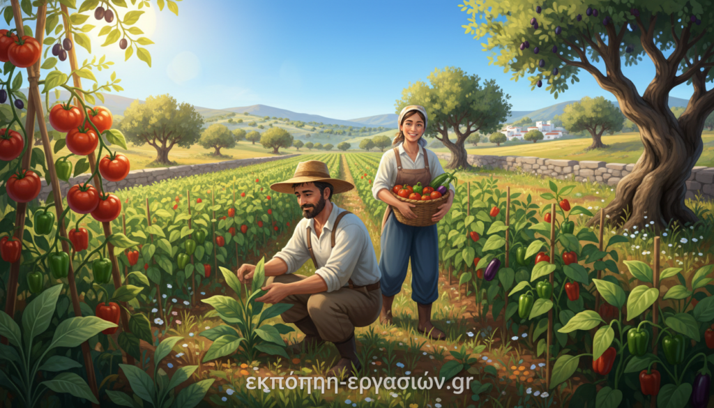 A vibrant scene of organic agriculture in Greece, showcasing a lush green field filled with diverse crops such as tomatoes, peppers, and olives, symbolizing the principles of biogonic farming. In the foreground, two individuals in modest casual clothing, one holding a basket of freshly harvested produce, and the other examining a plant, emphasize the human connection to sustainable farming. The middle ground features carefully arranged rows of crops beneath a bright blue sky, exuding a sense of growth and vitality. In the background, rolling hills and ancient olive trees create a picturesque landscape. Soft sunlight filters through the leaves, casting gentle shadows and creating a warm, inviting mood. The image should reflect the themes of growth, sustainability, and the beauty of nature, including the brand name "ekponisi-ergasion.gr". A vibrant scene of organic agriculture in Greece, showcasing a lush green field filled with diverse crops such as tomatoes, peppers, and olives, symbolizing the principles of biogonic farming. In the foreground, two individuals in modest casual clothing, one holding a basket of freshly harvested produce, and the other examining a plant, emphasize the human connection to sustainable farming. The middle ground features carefully arranged rows of crops beneath a bright blue sky, exuding a sense of growth and vitality. In the background, rolling hills and ancient olive trees create a picturesque landscape. Soft sunlight filters through the leaves, casting gentle shadows and creating a warm, inviting mood. The image should reflect the themes of growth, sustainability, and the beauty of nature, including the brand name "ekponisi-ergasion.gr".