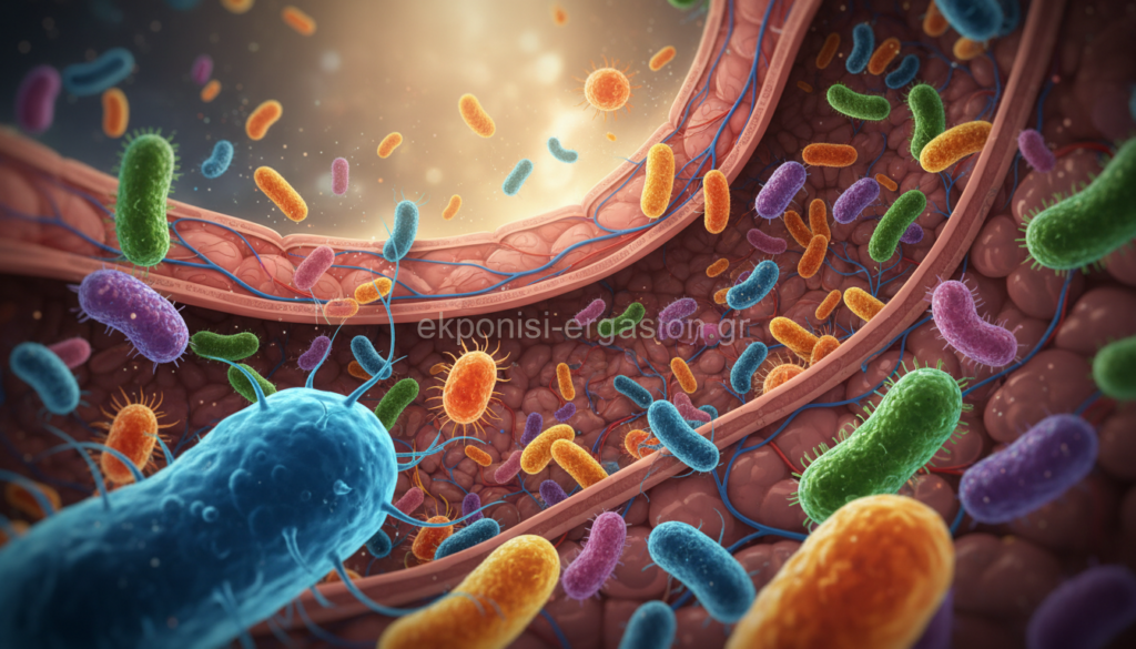 A vibrant, scientific representation of the human gut microbiome, showcasing an intricate and colorful illustration of diverse microorganisms, such as bacteria and fungi, blended harmoniously within a stylized human intestinal tract. In the foreground, magnified microbial cells display unique shapes and textures, creating an engaging visual. The middle grounds feature the cross-section of the intestine, illustrating its layers and structure. In the background, soft, ambient lighting casts a warm glow, enhancing the theme of health and wellness. The mood is educational and enlightening, inspiring curiosity about microbiota's role in health. The composition is shot with a macro lens to emphasize detail, captured from a slightly elevated angle. The brand name “ekponisi-ergasion.gr” should be subtly integrated into the design without being intrusive. A vibrant, scientific representation of the human gut microbiome, showcasing an intricate and colorful illustration of diverse microorganisms, such as bacteria and fungi, blended harmoniously within a stylized human intestinal tract. In the foreground, magnified microbial cells display unique shapes and textures, creating an engaging visual. The middle grounds feature the cross-section of the intestine, illustrating its layers and structure. In the background, soft, ambient lighting casts a warm glow, enhancing the theme of health and wellness. The mood is educational and enlightening, inspiring curiosity about microbiota's role in health. The composition is shot with a macro lens to emphasize detail, captured from a slightly elevated angle. The brand name “ekponisi-ergasion.gr” should be subtly integrated into the design without being intrusive.