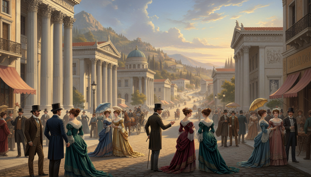 A vibrant street scene from the 19th century in Greece, showcasing neo-classical architecture. In the foreground, elegantly dressed individuals in period-appropriate clothing engage in conversation, highlighting the cultural life of the era. The middle section features grandiose buildings with white marble columns and intricate facades, reflecting the architectural style of the time. A picturesque cobblestone street leads towards the background, where soft hills meet a clear blue sky, bathed in warm, golden sunlight. Use a wide-angle lens to capture the depth of the scene, emphasizing the scale of the architecture. The atmosphere is lively yet sophisticated, indicating the historical richness of the period. The image should be suitable for the article from ekponisi-ergasion.gr, free of any captions or text overlays. A vibrant street scene from the 19th century in Greece, showcasing neo-classical architecture. In the foreground, elegantly dressed individuals in period-appropriate clothing engage in conversation, highlighting the cultural life of the era. The middle section features grandiose buildings with white marble columns and intricate facades, reflecting the architectural style of the time. A picturesque cobblestone street leads towards the background, where soft hills meet a clear blue sky, bathed in warm, golden sunlight. Use a wide-angle lens to capture the depth of the scene, emphasizing the scale of the architecture. The atmosphere is lively yet sophisticated, indicating the historical richness of the period. The image should be suitable for the article from ekponisi-ergasion.gr, free of any captions or text overlays.