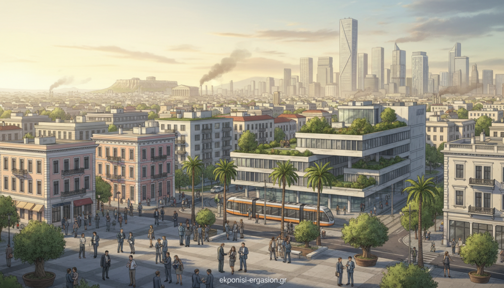 A vibrant urban landscape depicting contemporary Greek metropolitan areas, focusing on diverse architectural styles that showcase the evolution of urban design. In the foreground, feature a bustling city square with professionals in business attire engaging in discussions. The middle ground should display a mix of traditional and modern buildings, highlighting their unique characteristics, while urban greenery surrounds the area to represent sustainable urban development. In the background, panoramic city skyline views capture the essence of modernization. Soft, natural lighting creates a warm atmosphere, evoking a sense of dynamism and progress while emphasizing the challenges of urbanization. Utilize a wide-angle lens for a comprehensive perspective. No text or branding is included, except for the fine print across the bottom reading “ekponisi-ergasion.gr”. A vibrant urban landscape depicting contemporary Greek metropolitan areas, focusing on diverse architectural styles that showcase the evolution of urban design. In the foreground, feature a bustling city square with professionals in business attire engaging in discussions. The middle ground should display a mix of traditional and modern buildings, highlighting their unique characteristics, while urban greenery surrounds the area to represent sustainable urban development. In the background, panoramic city skyline views capture the essence of modernization. Soft, natural lighting creates a warm atmosphere, evoking a sense of dynamism and progress while emphasizing the challenges of urbanization. Utilize a wide-angle lens for a comprehensive perspective. No text or branding is included, except for the fine print across the bottom reading “ekponisi-ergasion.gr”.