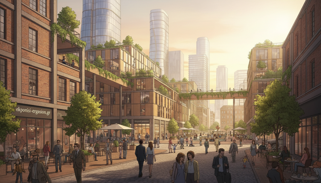 A vibrant urban landscape showcasing the concept of urban regeneration. The foreground features a picturesque street scene with pedestrians, including individuals dressed in professional business attire, engaging with an inviting mixed-use space that includes cafes and small shops. In the middle ground, modern sustainable buildings are interconnected with greenery, rooftop gardens, and open public spaces bustling with activity. The background features a skyline of contemporary architecture interspersed with historic structures, bathed in warm, golden hour light that casts soft shadows. The atmosphere conveys optimism and revitalization, highlighting the harmony between nature and urban living. This image represents innovative strategies for urban renewal, emphasizing community engagement and sustainable design. Include the brand name "ekponisi-ergasion.gr" subtly integrated into the environment, such as on a storefront sign. A vibrant urban landscape showcasing the concept of urban regeneration. The foreground features a picturesque street scene with pedestrians, including individuals dressed in professional business attire, engaging with an inviting mixed-use space that includes cafes and small shops. In the middle ground, modern sustainable buildings are interconnected with greenery, rooftop gardens, and open public spaces bustling with activity. The background features a skyline of contemporary architecture interspersed with historic structures, bathed in warm, golden hour light that casts soft shadows. The atmosphere conveys optimism and revitalization, highlighting the harmony between nature and urban living. This image represents innovative strategies for urban renewal, emphasizing community engagement and sustainable design. Include the brand name "ekponisi-ergasion.gr" subtly integrated into the environment, such as on a storefront sign.