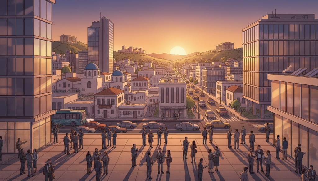 A vibrant urban landscape showcasing the evolution of Greek cities, emphasizing contemporary urban challenges. In the foreground, a well-planned city square with people in professional attire engaging in discussions, surrounded by modern architecture. The middle ground features a blend of old and new buildings, with traditional Greek structures merging seamlessly with sleek glass facades. In the background, rolling hills and greenery soften the cityscape while iconic landmarks reflect the rich history of the region. The atmosphere is lively yet contemplative, captured during the golden hour for warm lighting and long shadows. The scene is framed with a slight upward angle to emphasize the skyline while ensuring clarity of architectural details. No text or logos, only a focus on urban geography. ekponisi-ergasion.gr A vibrant urban landscape showcasing the evolution of Greek cities, emphasizing contemporary urban challenges. In the foreground, a well-planned city square with people in professional attire engaging in discussions, surrounded by modern architecture. The middle ground features a blend of old and new buildings, with traditional Greek structures merging seamlessly with sleek glass facades. In the background, rolling hills and greenery soften the cityscape while iconic landmarks reflect the rich history of the region. The atmosphere is lively yet contemplative, captured during the golden hour for warm lighting and long shadows. The scene is framed with a slight upward angle to emphasize the skyline while ensuring clarity of architectural details. No text or logos, only a focus on urban geography. ekponisi-ergasion.gr