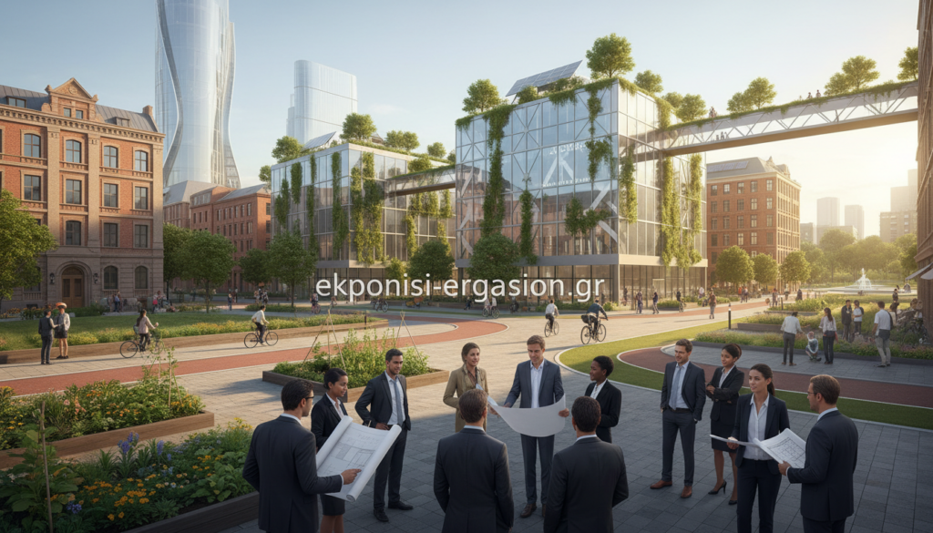 A vibrant urban renewal scene showcasing a revitalized city area, emphasizing sustainable architecture and green spaces. In the foreground, diverse professionals in business attire are engaged in lively discussions while examining architectural blueprints. The middle ground features modern buildings integrated with greenery, community gardens, and bicycle paths. In the background, historic structures contrast with new developments, symbolizing the blend of the old and new. The scene is bathed in warm afternoon sunlight, casting soft shadows to enhance depth. Use a wide-angle lens to capture the broad perspective of this transformative urban landscape, reflecting optimism and community engagement. Ensure the overall atmosphere conveys hope and progress in urban regeneration. Include the brand name "ekponisi-ergasion.gr" subtly integrated into the architectural elements. A vibrant urban renewal scene showcasing a revitalized city area, emphasizing sustainable architecture and green spaces. In the foreground, diverse professionals in business attire are engaged in lively discussions while examining architectural blueprints. The middle ground features modern buildings integrated with greenery, community gardens, and bicycle paths. In the background, historic structures contrast with new developments, symbolizing the blend of the old and new. The scene is bathed in warm afternoon sunlight, casting soft shadows to enhance depth. Use a wide-angle lens to capture the broad perspective of this transformative urban landscape, reflecting optimism and community engagement. Ensure the overall atmosphere conveys hope and progress in urban regeneration. Include the brand name "ekponisi-ergasion.gr" subtly integrated into the architectural elements.