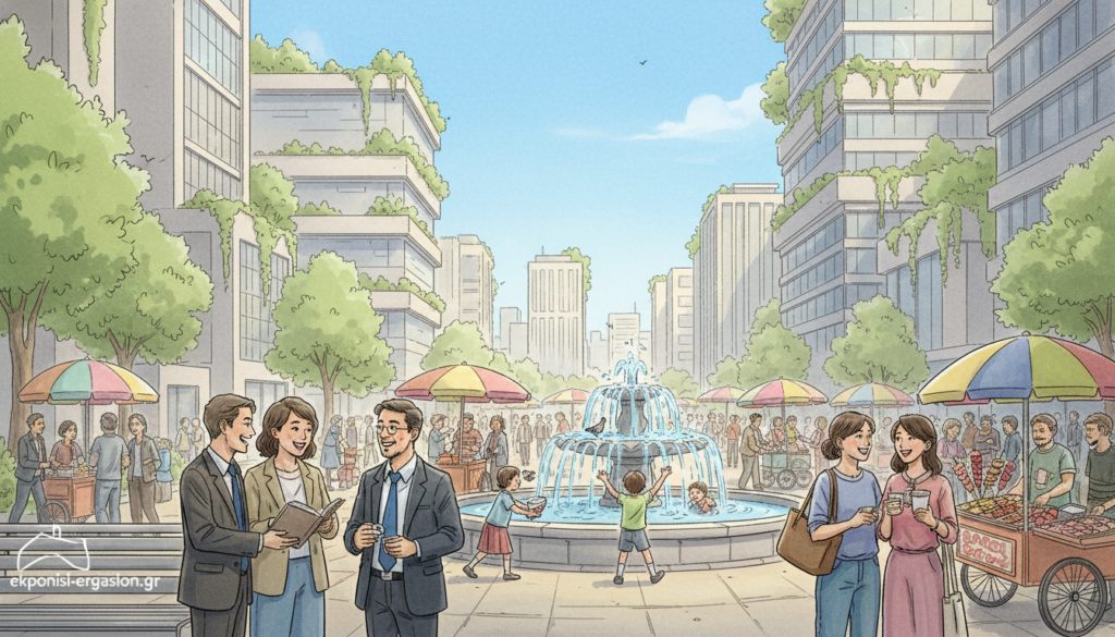 A vibrant urban scene illustrating ethnography, depicting a diverse group of people engaged in lively interactions in a public square. In the foreground, a mix of individuals in professional business attire and modest casual clothing converse and share experiences. In the middle ground, children play near a small fountain, while street vendors offer local delicacies. The background features modern buildings adapted with greenery, blending architecture with nature, under a clear blue sky. Soft, warm daylight bathes the scene, casting gentle shadows to enhance depth. This image captures the essence of social life and public spaces in contemporary cities. Ideal for illustrating urban anthropology themes, the visible logo "ekponisi-ergasion.gr" subtly integrated into the environment, ensuring a cohesive visual. A vibrant urban scene illustrating ethnography, depicting a diverse group of people engaged in lively interactions in a public square. In the foreground, a mix of individuals in professional business attire and modest casual clothing converse and share experiences. In the middle ground, children play near a small fountain, while street vendors offer local delicacies. The background features modern buildings adapted with greenery, blending architecture with nature, under a clear blue sky. Soft, warm daylight bathes the scene, casting gentle shadows to enhance depth. This image captures the essence of social life and public spaces in contemporary cities. Ideal for illustrating urban anthropology themes, the visible logo "ekponisi-ergasion.gr" subtly integrated into the environment, ensuring a cohesive visual.