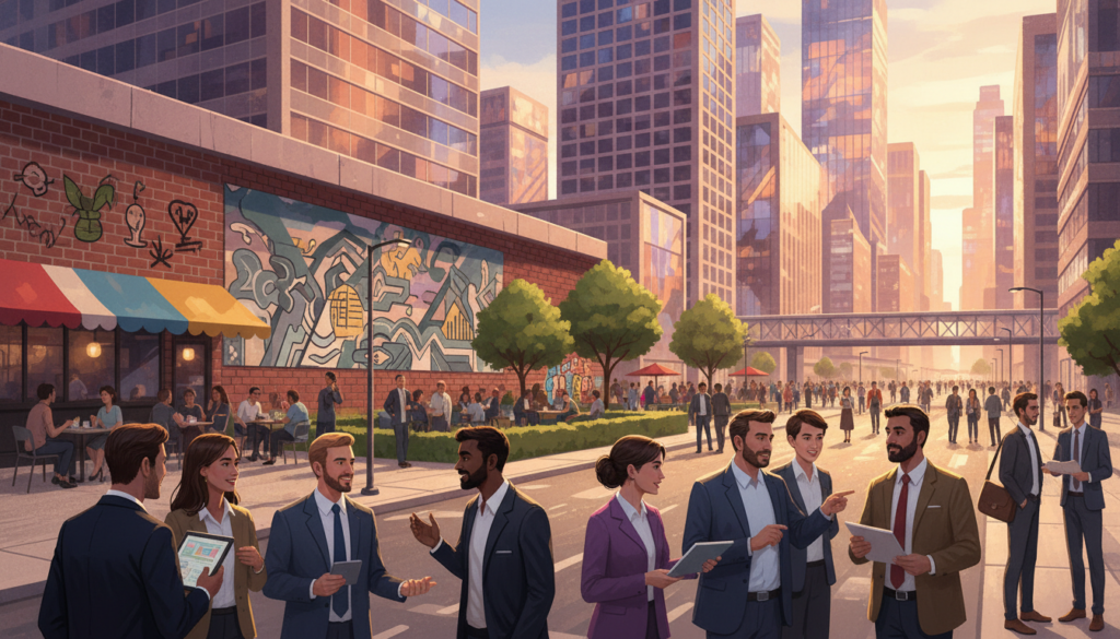 A vibrant urban scene illustrating the essence of "urban anthropology," focusing on public spaces and social life in a contemporary city. In the foreground, diverse individuals in professional business attire engage in discussions, showcasing various cultures and identities. In the middle ground, people gather at outdoor cafés and parks, with green trees and vibrant street art reflecting the dynamic social interactions. The background features modern buildings with glass facades, symbolizing urban modernity. Soft, warm lighting bathes the scene, creating an inviting atmosphere. Capture the essence of community, connection, and the complexities of urban life, while ensuring it embodies a sense of scholarly exploration. The image should be composed with a wide-angle lens for depth, without any text or overlays. Designed for "ekponisi-ergasion.gr". A vibrant urban scene illustrating the essence of "urban anthropology," focusing on public spaces and social life in a contemporary city. In the foreground, diverse individuals in professional business attire engage in discussions, showcasing various cultures and identities. In the middle ground, people gather at outdoor cafés and parks, with green trees and vibrant street art reflecting the dynamic social interactions. The background features modern buildings with glass facades, symbolizing urban modernity. Soft, warm lighting bathes the scene, creating an inviting atmosphere. Capture the essence of community, connection, and the complexities of urban life, while ensuring it embodies a sense of scholarly exploration. The image should be composed with a wide-angle lens for depth, without any text or overlays. Designed for "ekponisi-ergasion.gr".
