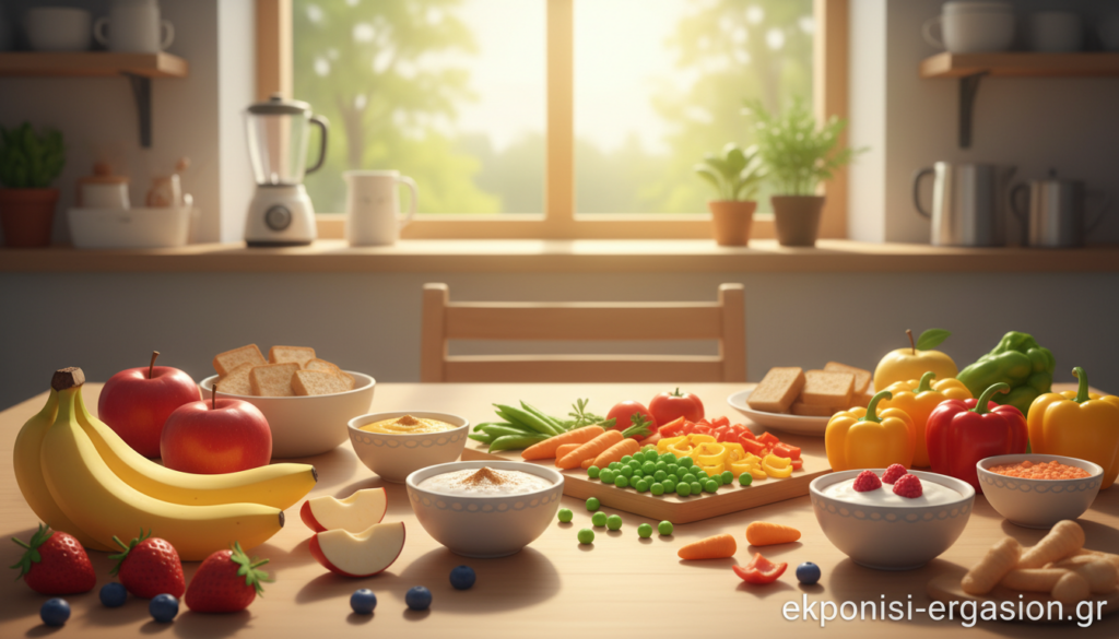 A vibrant, well-organized kitchen table filled with a variety of colorful, healthy foods representing balanced nutrition for infants and toddlers. In the foreground, feature an array of fresh fruits like bananas, apples, and strawberries alongside bowls of oatmeal and yogurt. In the middle ground, include vegetables such as baby carrots, peas, and diced bell peppers, arranged with care. The background shows soft sunlight pouring in through a window, creating a warm and inviting atmosphere. Use a shallow depth of field to focus on the food while softly blurring the surrounding kitchen elements. Capture a cheerful and nurturing environment symbolizing health and well-being, emphasizing the importance of healthy eating habits for young children. ekponisi-ergasion.gr A vibrant, well-organized kitchen table filled with a variety of colorful, healthy foods representing balanced nutrition for infants and toddlers. In the foreground, feature an array of fresh fruits like bananas, apples, and strawberries alongside bowls of oatmeal and yogurt. In the middle ground, include vegetables such as baby carrots, peas, and diced bell peppers, arranged with care. The background shows soft sunlight pouring in through a window, creating a warm and inviting atmosphere. Use a shallow depth of field to focus on the food while softly blurring the surrounding kitchen elements. Capture a cheerful and nurturing environment symbolizing health and well-being, emphasizing the importance of healthy eating habits for young children. ekponisi-ergasion.gr