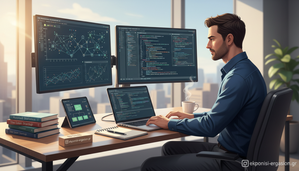 A visually captivating scene representing data science, focusing on an aesthetically designed workstation filled with dual monitors displaying complex data visualizations, graphs, and Python coding snippets. In the foreground, a professional data scientist in smart casual attire analyzes the data on one screen while writing code on the other, surrounded by books on statistics and entrepreneurship. The middle ground features a tidy desk with a laptop, a coffee cup, and data-related objects like a tablet and notepad. The background showcases a modern office with large windows allowing natural light to filter in, creating a bright and inspiring atmosphere. The mood is one of focused productivity and intellectual pursuit, perfect for illustrating the "Theoretical Framework" of data analysis in business analytics. The brand name "ekponisi-ergasion.gr" subtly incorporated into the design elements of the workspace. A visually captivating scene representing data science, focusing on an aesthetically designed workstation filled with dual monitors displaying complex data visualizations, graphs, and Python coding snippets. In the foreground, a professional data scientist in smart casual attire analyzes the data on one screen while writing code on the other, surrounded by books on statistics and entrepreneurship. The middle ground features a tidy desk with a laptop, a coffee cup, and data-related objects like a tablet and notepad. The background showcases a modern office with large windows allowing natural light to filter in, creating a bright and inspiring atmosphere. The mood is one of focused productivity and intellectual pursuit, perfect for illustrating the "Theoretical Framework" of data analysis in business analytics. The brand name "ekponisi-ergasion.gr" subtly incorporated into the design elements of the workspace.