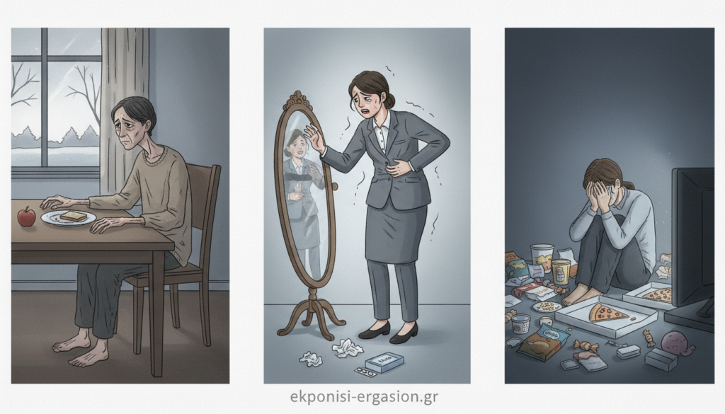 A visually compelling illustration capturing the types of eating disorders, featuring three distinct scenes representing anorexia, bulimia, and binge eating disorder. In the foreground, a slender figure in modest casual clothing sits at a dining table, pushing away an uneaten plate to depict anorexia. In the middle, a person in professional business attire stands in front of a mirror with a distressed expression, symbolizing bulimia and the struggle with body image. In the background, an individual surrounded by empty food containers and wrappers illustrates binge eating disorder, showcasing an air of confusion and sadness. Soft, diffused lighting enhances the emotional depth, while a slightly blurred background adds focus to the subjects. The atmosphere is somber yet introspective, evoking a sense of empathy and understanding. The branding "ekponisi-ergasion.gr" appears subtly within the image. A visually compelling illustration capturing the types of eating disorders, featuring three distinct scenes representing anorexia, bulimia, and binge eating disorder. In the foreground, a slender figure in modest casual clothing sits at a dining table, pushing away an uneaten plate to depict anorexia. In the middle, a person in professional business attire stands in front of a mirror with a distressed expression, symbolizing bulimia and the struggle with body image. In the background, an individual surrounded by empty food containers and wrappers illustrates binge eating disorder, showcasing an air of confusion and sadness. Soft, diffused lighting enhances the emotional depth, while a slightly blurred background adds focus to the subjects. The atmosphere is somber yet introspective, evoking a sense of empathy and understanding. The branding "ekponisi-ergasion.gr" appears subtly within the image.