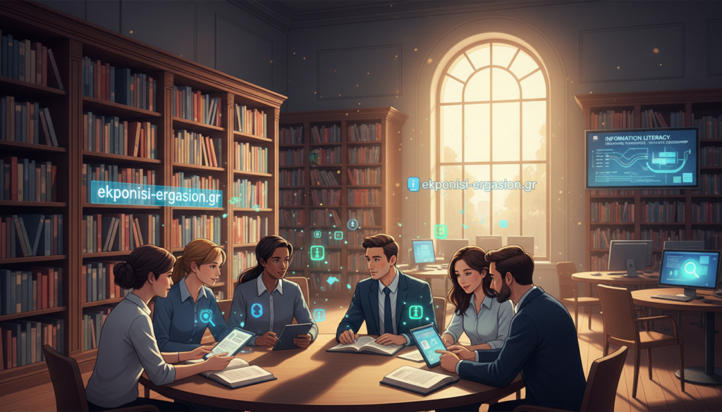 A visually engaging illustration of "Information Literacy" in a modern library setting, emphasizing a blend of digital and traditional resources. In the foreground, diverse individuals in professional attire are engaged in discussion, surrounded by books, tablets, and floating digital information icons that represent online resources. In the middle, library bookshelves filled with various texts create a scholarly atmosphere, while a large window in the background lets in warm, natural light. The background features an open area with computers and a digital screen displaying information literacy concepts, invoking a sense of learning and exploration. The overall mood is inspiring and educational, capturing the essence of navigating knowledge in the age of misinformation. Brand name "ekponisi-ergasion.gr" subtly integrated into the scene. A visually engaging illustration of "Information Literacy" in a modern library setting, emphasizing a blend of digital and traditional resources. In the foreground, diverse individuals in professional attire are engaged in discussion, surrounded by books, tablets, and floating digital information icons that represent online resources. In the middle, library bookshelves filled with various texts create a scholarly atmosphere, while a large window in the background lets in warm, natural light. The background features an open area with computers and a digital screen displaying information literacy concepts, invoking a sense of learning and exploration. The overall mood is inspiring and educational, capturing the essence of navigating knowledge in the age of misinformation. Brand name "ekponisi-ergasion.gr" subtly integrated into the scene.