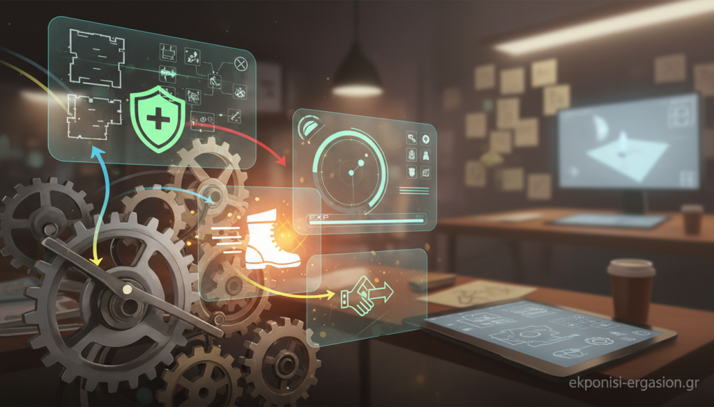 A visually engaging illustration of "core mechanics" in game design, featuring in the foreground an abstract representation of interconnected gears and levers symbolizing various mechanics, layered with colorful visual elements such as arrows and icons depicting health, movement, and player interaction. In the middle ground, depict a stylized game interface with transparent HUD elements, blending modern futuristic designs, softly lit with a warm glow. The background should showcase a creative workspace, with sketches of game designs on a digital tablet and scattered notes, all in a softly diffused lighting to convey a collaborative and innovative atmosphere. The overall mood should be inspiring and educational, embodying the essence of game design principles. Brand representation should subtly include "ekponisi-ergasion.gr" in the corner without distractions. A visually engaging illustration of "core mechanics" in game design, featuring in the foreground an abstract representation of interconnected gears and levers symbolizing various mechanics, layered with colorful visual elements such as arrows and icons depicting health, movement, and player interaction. In the middle ground, depict a stylized game interface with transparent HUD elements, blending modern futuristic designs, softly lit with a warm glow. The background should showcase a creative workspace, with sketches of game designs on a digital tablet and scattered notes, all in a softly diffused lighting to convey a collaborative and innovative atmosphere. The overall mood should be inspiring and educational, embodying the essence of game design principles. Brand representation should subtly include "ekponisi-ergasion.gr" in the corner without distractions.