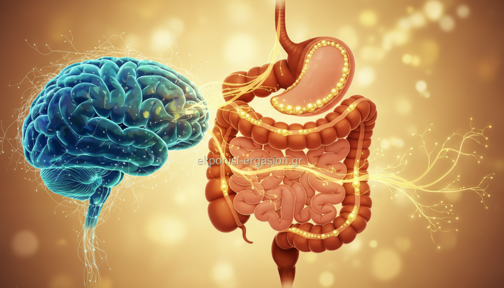 A visually engaging illustration of the "gut-brain axis," showcasing the intricate connection between the digestive system and the brain. In the foreground, depict a stylized, vibrant human brain with neural connections illuminated in soft blues and greens, symbolizing mental activity and mood. In the middle ground, illustrate an artistic representation of the digestive system, with highlighted intestines showing a flow of nutrients represented by glowing particles traveling towards the brain. The background should be softly blurred, incorporating warm colors like yellows and oranges to evoke a sense of wellness and harmony. Use soft, ambient lighting to create a calming atmosphere, emphasizing the interdependence of nutrition and mental health. The overall mood should be hopeful and enlightening, reflecting the importance of the gut-brain connection. Include the brand name "ekponisi-ergasion.gr" subtly integrated into the design without text overlays. A visually engaging illustration of the "gut-brain axis," showcasing the intricate connection between the digestive system and the brain. In the foreground, depict a stylized, vibrant human brain with neural connections illuminated in soft blues and greens, symbolizing mental activity and mood. In the middle ground, illustrate an artistic representation of the digestive system, with highlighted intestines showing a flow of nutrients represented by glowing particles traveling towards the brain. The background should be softly blurred, incorporating warm colors like yellows and oranges to evoke a sense of wellness and harmony. Use soft, ambient lighting to create a calming atmosphere, emphasizing the interdependence of nutrition and mental health. The overall mood should be hopeful and enlightening, reflecting the importance of the gut-brain connection. Include the brand name "ekponisi-ergasion.gr" subtly integrated into the design without text overlays.