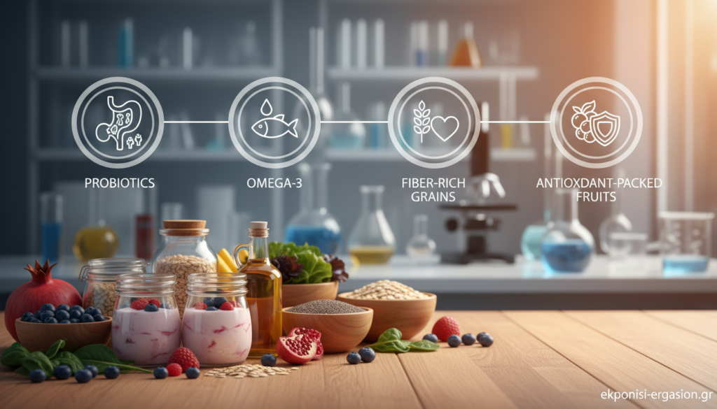 A visually engaging representation of "Functional Food Categories" designed for a scientific article. In the foreground, display a diverse assortment of functional foods such as probiotics, omega-3 enriched oils, fiber-rich grains, and antioxidant-packed fruits arranged artistically on a polished wooden table. The middle ground should feature a clear infographic-style layout with icons representing each category, enhancing their visual appeal. In the background, a softly blurred laboratory setting with scientific equipment to convey research and credibility. Use warm, inviting lighting to create an atmosphere of health and vitality. The image should be photographed from a slightly elevated angle, focusing on clarity and detail without any text or branding, except the subtle inclusion of "ekponisi-ergasion.gr" in the corner. A visually engaging representation of "Functional Food Categories" designed for a scientific article. In the foreground, display a diverse assortment of functional foods such as probiotics, omega-3 enriched oils, fiber-rich grains, and antioxidant-packed fruits arranged artistically on a polished wooden table. The middle ground should feature a clear infographic-style layout with icons representing each category, enhancing their visual appeal. In the background, a softly blurred laboratory setting with scientific equipment to convey research and credibility. Use warm, inviting lighting to create an atmosphere of health and vitality. The image should be photographed from a slightly elevated angle, focusing on clarity and detail without any text or branding, except the subtle inclusion of "ekponisi-ergasion.gr" in the corner.
