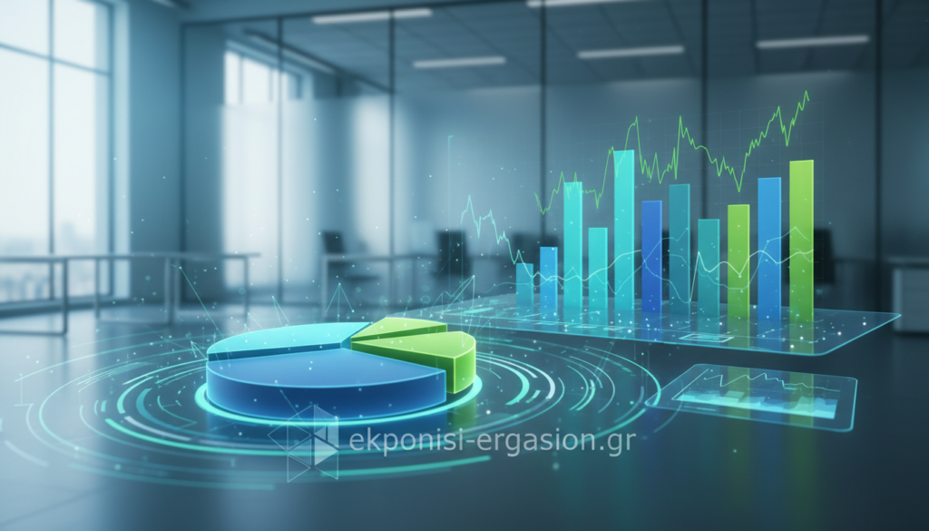 A visually striking and modern data visualization scene, showcasing various types of graphs, charts, and infographics. In the foreground, a vibrant, interactive 3D pie chart surrounded by flowing lines of data points, symbolizing the dynamic nature of information. In the middle, an array of colorful bar graphs and line charts elevating off a sleek digital display, with subtle animations to suggest movement. The background features a softly blurred tech-inspired office environment, with a hint of light streaming in from a large window, creating a professional atmosphere. Soft blue and green hues dominate the color palette, giving a sense of innovation and clarity. Capture this scene with a wide-angle lens, emphasizing depth and detail, ensuring a polished and clean look. The brand "ekponisi-ergasion.gr" subtly integrated into the composition without text overlays. A visually striking and modern data visualization scene, showcasing various types of graphs, charts, and infographics. In the foreground, a vibrant, interactive 3D pie chart surrounded by flowing lines of data points, symbolizing the dynamic nature of information. In the middle, an array of colorful bar graphs and line charts elevating off a sleek digital display, with subtle animations to suggest movement. The background features a softly blurred tech-inspired office environment, with a hint of light streaming in from a large window, creating a professional atmosphere. Soft blue and green hues dominate the color palette, giving a sense of innovation and clarity. Capture this scene with a wide-angle lens, emphasizing depth and detail, ensuring a polished and clean look. The brand "ekponisi-ergasion.gr" subtly integrated into the composition without text overlays.