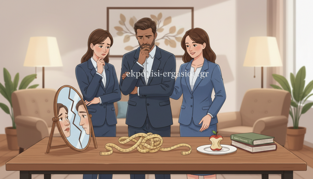 A visually striking, conceptual image illustrating the theme of "definition of eating disorders." In the foreground, a diverse group of three individuals, dressed in professional business attire, express a range of emotions—concern, contemplation, and empathy—while standing together. In the middle ground, a table displaying symbolic items such as a fragmented mirror, measuring tape, and a plate with untouched food can be seen, representing inner struggles. The background features a softly blurred professional setting, indicating a therapy or counseling environment with warm, inviting lighting to evoke a sense of support and hope. The atmosphere should balance seriousness with compassion, highlighting the importance of awareness and understanding in the conversation around eating disorders. The brand "ekponisi-ergasion.gr" subtly integrated into the scene as a part of the decor. A visually striking, conceptual image illustrating the theme of "definition of eating disorders." In the foreground, a diverse group of three individuals, dressed in professional business attire, express a range of emotions—concern, contemplation, and empathy—while standing together. In the middle ground, a table displaying symbolic items such as a fragmented mirror, measuring tape, and a plate with untouched food can be seen, representing inner struggles. The background features a softly blurred professional setting, indicating a therapy or counseling environment with warm, inviting lighting to evoke a sense of support and hope. The atmosphere should balance seriousness with compassion, highlighting the importance of awareness and understanding in the conversation around eating disorders. The brand "ekponisi-ergasion.gr" subtly integrated into the scene as a part of the decor.