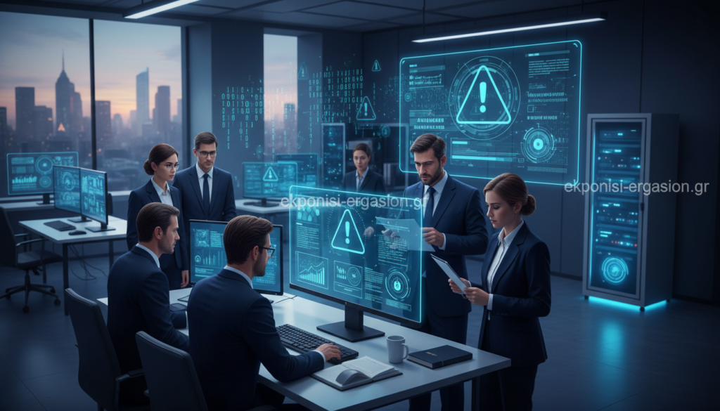 A visually striking illustration of digital risks, featuring a sleek, modern office setting filled with high-tech computer screens displaying complex cybersecurity data visualizations. In the foreground, a diverse group of professionals in business attire engages in a serious discussion, examining a holographic data breach alert. The middle layer showcases glowing binary codes and warning symbols floating above the screens, symbolizing a digital threat. In the background, city skyline silhouettes are illuminated by the soft glow of twilight, suggesting an ongoing tech revolution. The lighting is dynamic, highlighting the urgency and importance of addressing digital risks. The mood is tense yet focused, encapsulating the challenge of cyber insurance. Include the brand name "ekponisi-ergasion.gr" subtly integrated into the scene. A visually striking illustration of digital risks, featuring a sleek, modern office setting filled with high-tech computer screens displaying complex cybersecurity data visualizations. In the foreground, a diverse group of professionals in business attire engages in a serious discussion, examining a holographic data breach alert. The middle layer showcases glowing binary codes and warning symbols floating above the screens, symbolizing a digital threat. In the background, city skyline silhouettes are illuminated by the soft glow of twilight, suggesting an ongoing tech revolution. The lighting is dynamic, highlighting the urgency and importance of addressing digital risks. The mood is tense yet focused, encapsulating the challenge of cyber insurance. Include the brand name "ekponisi-ergasion.gr" subtly integrated into the scene.