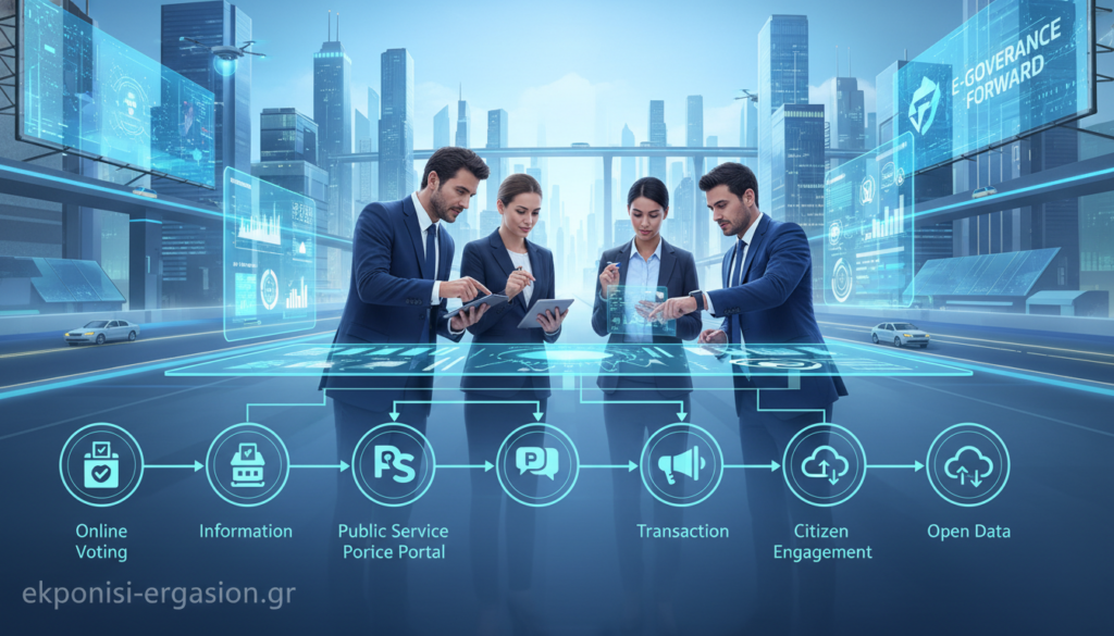 A visually striking infographic illustrating the various stages of e-government maturity. In the foreground, a detailed flowchart with icons representing different digital services, such as online voting, public service portals, and citizen engagement platforms. The middle layer features diverse professionals in business attire discussing these services, analyzing data on digital devices. In the background, a futuristic cityscape with digital billboards and smart technology elements, symbolizing advanced e-governance. The lighting is bright and professional, with a clean, modern feel. Use a wide-angle lens perspective to capture the entire scene, emphasizing connectivity and innovation. The atmosphere is inspiring and forward-looking, reflecting the potential of e-government in enhancing citizen participation. Include the brand name "ekponisi-ergasion.gr" subtly integrated into the design, ensuring it does not distract from the main image. A visually striking infographic illustrating the various stages of e-government maturity. In the foreground, a detailed flowchart with icons representing different digital services, such as online voting, public service portals, and citizen engagement platforms. The middle layer features diverse professionals in business attire discussing these services, analyzing data on digital devices. In the background, a futuristic cityscape with digital billboards and smart technology elements, symbolizing advanced e-governance. The lighting is bright and professional, with a clean, modern feel. Use a wide-angle lens perspective to capture the entire scene, emphasizing connectivity and innovation. The atmosphere is inspiring and forward-looking, reflecting the potential of e-government in enhancing citizen participation. Include the brand name "ekponisi-ergasion.gr" subtly integrated into the design, ensuring it does not distract from the main image.