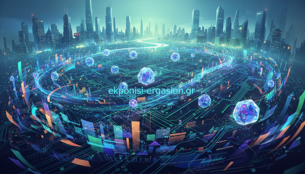 A visually striking representation of "Big Data", showcasing a dynamic landscape of interconnected data streams and vibrant digital networks. In the foreground, abstract visualizations of data points and graphs pulsate with energy, symbolizing insights and analytics. The middle ground features intricate circuit patterns and glowing data clusters to illustrate data management technologies. The background displays a futuristic city skyline, illuminated by soft blue and green ambient lighting, conveying innovation and growth. Capture the scene using a wide-angle lens, emphasizing depth and complexity. The overall mood is vibrant and forward-thinking, reflecting the excitement of exploring big data's potential. The brand name "ekponisi-ergasion.gr" should be subtly integrated into the design, enhancing the visual narrative without overpowering it. A visually striking representation of "Big Data", showcasing a dynamic landscape of interconnected data streams and vibrant digital networks. In the foreground, abstract visualizations of data points and graphs pulsate with energy, symbolizing insights and analytics. The middle ground features intricate circuit patterns and glowing data clusters to illustrate data management technologies. The background displays a futuristic city skyline, illuminated by soft blue and green ambient lighting, conveying innovation and growth. Capture the scene using a wide-angle lens, emphasizing depth and complexity. The overall mood is vibrant and forward-thinking, reflecting the excitement of exploring big data's potential. The brand name "ekponisi-ergasion.gr" should be subtly integrated into the design, enhancing the visual narrative without overpowering it.