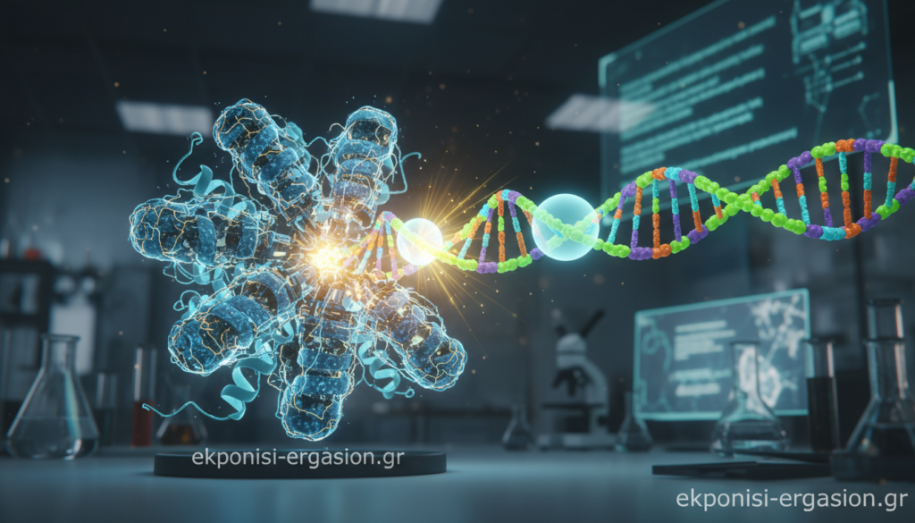 A visually striking representation of the CRISPR-Cas9 mechanism, focusing on the Cas9 protein and guide RNA interacting with a DNA strand. In the foreground, feature a detailed and realistically rendered Cas9 protein, complete with molecular structures and dynamic energy, showcasing its intricate design. The middle ground should display the guide RNA forming a complex with the target DNA sequence, with vibrant colors highlighting the interaction. In the background, a soft-focus laboratory setting with scientific equipment and blurred genetic sequences enhances the atmosphere of scientific discovery. Use dramatic lighting to emphasize the molecular structures, creating a sense of depth and clarity. The overall mood should convey innovation and precision in genetic engineering. Include the brand name "ekponisi-ergasion.gr" subtly integrated into the scene. A visually striking representation of the CRISPR-Cas9 mechanism, focusing on the Cas9 protein and guide RNA interacting with a DNA strand. In the foreground, feature a detailed and realistically rendered Cas9 protein, complete with molecular structures and dynamic energy, showcasing its intricate design. The middle ground should display the guide RNA forming a complex with the target DNA sequence, with vibrant colors highlighting the interaction. In the background, a soft-focus laboratory setting with scientific equipment and blurred genetic sequences enhances the atmosphere of scientific discovery. Use dramatic lighting to emphasize the molecular structures, creating a sense of depth and clarity. The overall mood should convey innovation and precision in genetic engineering. Include the brand name "ekponisi-ergasion.gr" subtly integrated into the scene.