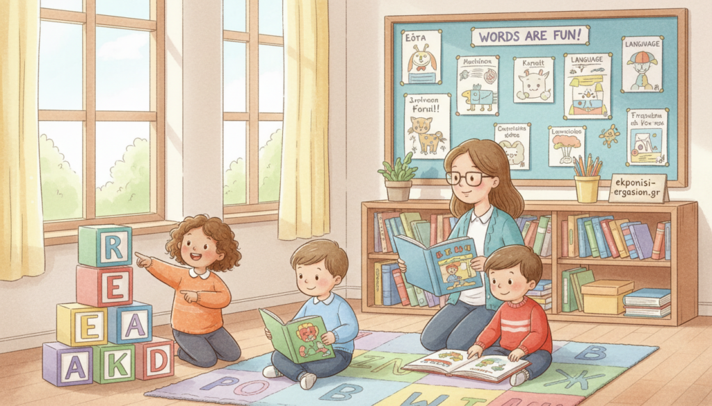 A warm and inviting classroom setting emphasizing language development, showcasing a diverse group of children engaged in playful learning activities. In the foreground, a young girl with curly hair enthusiastically points to colorful alphabet blocks, surrounded by two boys who are collaborating on a picture book, all dressed in modest casual clothing. In the middle ground, a teacher with glasses smiles warmly, encouraging the children while holding a storybook, fostering a nurturing atmosphere. The background features a bright bulletin board with illustrations of words and pictures, along with educational posters about language milestones. Soft, natural lighting filters in through large windows, creating a cheerful ambiance. The mood is joyful and inspiring, capturing the essence of language acquisition. The image should convey the significance of early language development in children. Add the brand name “ekponisi-ergasion.gr” subtly integrated into the classroom environment, without appearing as a A warm and inviting classroom setting emphasizing language development, showcasing a diverse group of children engaged in playful learning activities. In the foreground, a young girl with curly hair enthusiastically points to colorful alphabet blocks, surrounded by two boys who are collaborating on a picture book, all dressed in modest casual clothing. In the middle ground, a teacher with glasses smiles warmly, encouraging the children while holding a storybook, fostering a nurturing atmosphere. The background features a bright bulletin board with illustrations of words and pictures, along with educational posters about language milestones. Soft, natural lighting filters in through large windows, creating a cheerful ambiance. The mood is joyful and inspiring, capturing the essence of language acquisition. The image should convey the significance of early language development in children. Add the brand name “ekponisi-ergasion.gr” subtly integrated into the classroom environment, without appearing as a