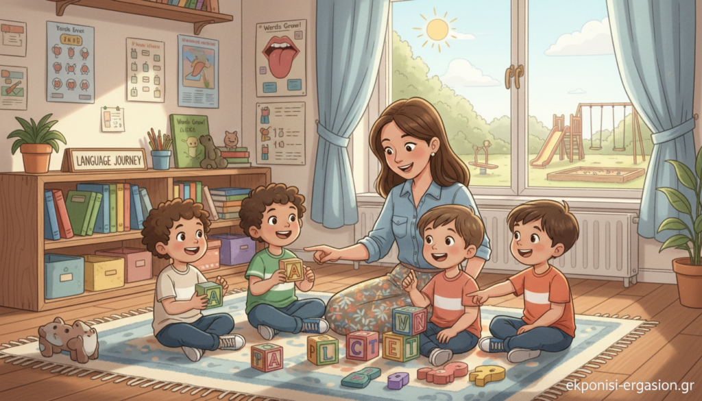 A warm, inviting classroom setting focusing on a diverse group of young children engaged in speech activities, emphasizing language development. In the foreground, a multicultural group of children, aged 4-6, are playing with colorful alphabet blocks, illustrating joy and curiosity. The teacher, wearing casual professional attire, is guiding them, showcasing a supportive environment. In the middle, shelves filled with books and visual aids related to language theories provide context. The background features a bright, sunlit window with views of a playground, creating a cheerful atmosphere. Soft, natural lighting enhances the scene, captured from a slightly elevated angle to encompass the engaged interactions. This image reflects the essence of language development theories for children. ekponisi-ergasion.gr A warm, inviting classroom setting focusing on a diverse group of young children engaged in speech activities, emphasizing language development. In the foreground, a multicultural group of children, aged 4-6, are playing with colorful alphabet blocks, illustrating joy and curiosity. The teacher, wearing casual professional attire, is guiding them, showcasing a supportive environment. In the middle, shelves filled with books and visual aids related to language theories provide context. The background features a bright, sunlit window with views of a playground, creating a cheerful atmosphere. Soft, natural lighting enhances the scene, captured from a slightly elevated angle to encompass the engaged interactions. This image reflects the essence of language development theories for children. ekponisi-ergasion.gr
