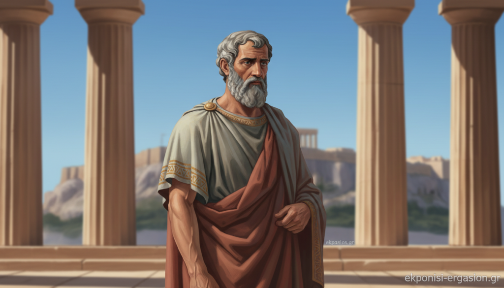 A wise and venerable Sophocles, depicted as a classical Greek figure, stands in a thoughtful pose against an ancient Athenian backdrop, symbolizing the essence of tragedy. In the foreground, his greying beard and deep-set, contemplative eyes convey the weight of his literary legacy. He wears a flowing chiton adorned with intricate patterns, reflecting the fashion of his time. Around him, the majestic columns of a temple rise in the middle ground, bathed in warm, soft sunlight that casts gentle shadows. The background features a softly blurred view of the Acropolis under a bright blue sky, enhancing the scene's historical context. The mood is reflective and inspiring, inviting contemplation on themes of fate and morality. The image refrains from any text or overlay. This artwork is created for ekponisi-ergasion.gr. A wise and venerable Sophocles, depicted as a classical Greek figure, stands in a thoughtful pose against an ancient Athenian backdrop, symbolizing the essence of tragedy. In the foreground, his greying beard and deep-set, contemplative eyes convey the weight of his literary legacy. He wears a flowing chiton adorned with intricate patterns, reflecting the fashion of his time. Around him, the majestic columns of a temple rise in the middle ground, bathed in warm, soft sunlight that casts gentle shadows. The background features a softly blurred view of the Acropolis under a bright blue sky, enhancing the scene's historical context. The mood is reflective and inspiring, inviting contemplation on themes of fate and morality. The image refrains from any text or overlay. This artwork is created for ekponisi-ergasion.gr.