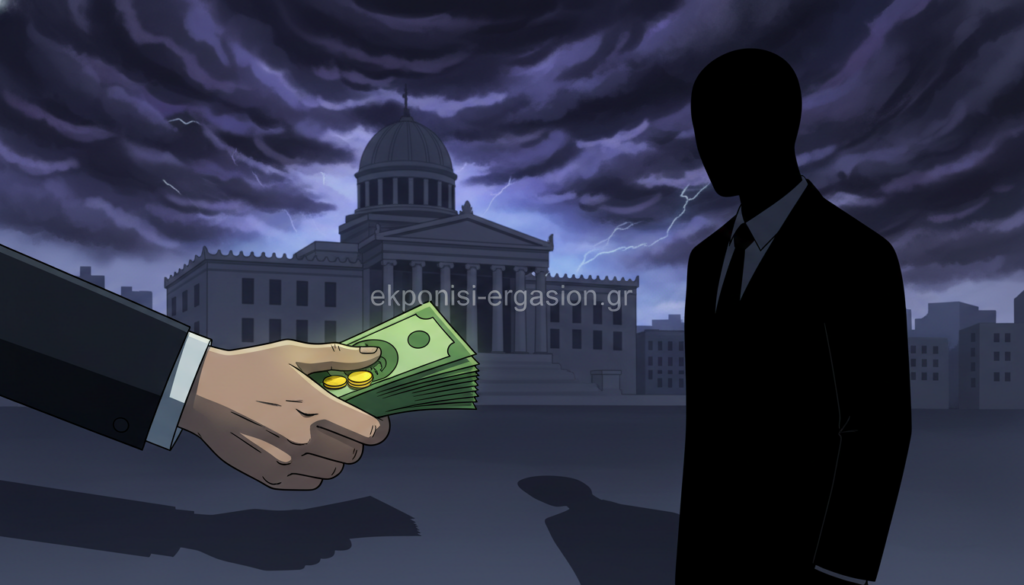 An abstract representation of "the definition of corruption" in the public sector. In the foreground, a pair of hands are seen exchanging a stack of money, symbolizing bribery, with a shadowy figure in a suit watching. In the middle, a blurred cityscape of a Greek government building is partially visible, creating a sense of authority and power. The background features dark storm clouds, conveying a tense, oppressive atmosphere. Use dramatic lighting to highlight the hands and money, with a focus on contrasts between light and shadow. Capture the mood of unease and moral decay, reflecting the serious theme of corruption. The image should be devoid of any text or logos, excluding the brand name "ekponisi-ergasion.gr" subtly incorporated into the scene as a watermark. An abstract representation of "the definition of corruption" in the public sector. In the foreground, a pair of hands are seen exchanging a stack of money, symbolizing bribery, with a shadowy figure in a suit watching. In the middle, a blurred cityscape of a Greek government building is partially visible, creating a sense of authority and power. The background features dark storm clouds, conveying a tense, oppressive atmosphere. Use dramatic lighting to highlight the hands and money, with a focus on contrasts between light and shadow. Capture the mood of unease and moral decay, reflecting the serious theme of corruption. The image should be devoid of any text or logos, excluding the brand name "ekponisi-ergasion.gr" subtly incorporated into the scene as a watermark.