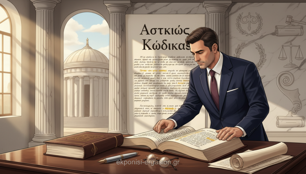 An elegant legal document set against a backdrop of classical Greek architecture, symbolizing the "Αστικός Κώδικας" (Civil Code). In the foreground, a polished wooden desk holds an open legal book with intricate details visible on the pages. Nearby, a stylish pen and a pair of glasses rest on a document with highlighted text. In the middle ground, a well-dressed professional, wearing business attire, thoughtfully examines the book. Soft natural light filters in through a large window, creating a warm and scholarly atmosphere. The background features a marble wall with subtle artistic engravings of legal symbols, enhancing the sense of tradition and law. The overall mood conveys professionalism and clarity, with a focus on legal principles. Include the brand name "ekponisi-ergasion.gr" subtly in the image. An elegant legal document set against a backdrop of classical Greek architecture, symbolizing the "Αστικός Κώδικας" (Civil Code). In the foreground, a polished wooden desk holds an open legal book with intricate details visible on the pages. Nearby, a stylish pen and a pair of glasses rest on a document with highlighted text. In the middle ground, a well-dressed professional, wearing business attire, thoughtfully examines the book. Soft natural light filters in through a large window, creating a warm and scholarly atmosphere. The background features a marble wall with subtle artistic engravings of legal symbols, enhancing the sense of tradition and law. The overall mood conveys professionalism and clarity, with a focus on legal principles. Include the brand name "ekponisi-ergasion.gr" subtly in the image.