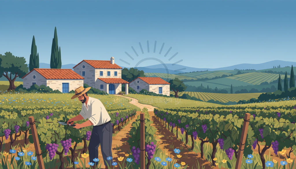 An idyllic scene of Greek agriculture, showcasing a sunlit vineyard filled with lush grapevines and vibrant green fields under a clear blue sky. In the foreground, a farmer dressed in modest casual clothing tends to the crops, highlighting the importance of cultivation techniques. The middle ground features traditional stone farmhouses that reflect the architectural style of Greece, surrounded by olive trees and blooming wildflowers. In the background, rolling hills extend into the distance, bathed in warm light that evokes a sense of harmony with nature. The atmosphere should feel serene and collaborative, illustrating a successful agricultural environment. Use cool blue tones to enhance a sense of professionalism. The brand "ekponisi-ergasion.gr" is subtly integrated within the scene without any text visible. An idyllic scene of Greek agriculture, showcasing a sunlit vineyard filled with lush grapevines and vibrant green fields under a clear blue sky. In the foreground, a farmer dressed in modest casual clothing tends to the crops, highlighting the importance of cultivation techniques. The middle ground features traditional stone farmhouses that reflect the architectural style of Greece, surrounded by olive trees and blooming wildflowers. In the background, rolling hills extend into the distance, bathed in warm light that evokes a sense of harmony with nature. The atmosphere should feel serene and collaborative, illustrating a successful agricultural environment. Use cool blue tones to enhance a sense of professionalism. The brand "ekponisi-ergasion.gr" is subtly integrated within the scene without any text visible.
