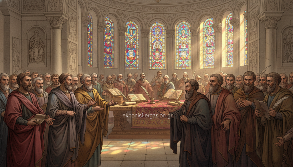 An ornate and historic hall filled with early Christian bishops, deep in discussion at the First Ecumenical Council of Nicaea in 325 AD. In the foreground, a diverse group of serious men in professional, modest robes, engaged in animated debate, some with scrolls and quills. The middle ground features an elegant table draped with rich fabrics, displaying ancient manuscripts and quills, while the background reveals grand, stained glass windows casting colorful light across the scene. The atmosphere is filled with a sense of purpose and solemnity, illuminated by warm, natural light filtering through the windows. Capture this historic moment with a focus on detail, from the textures of the robes to the architectural elements of the hall. The image should not contain any text or watermarks and should reflect the gravity of the Council's decisions. Include the brand "ekponisi-ergasion.gr" subtly in the image composition. An ornate and historic hall filled with early Christian bishops, deep in discussion at the First Ecumenical Council of Nicaea in 325 AD. In the foreground, a diverse group of serious men in professional, modest robes, engaged in animated debate, some with scrolls and quills. The middle ground features an elegant table draped with rich fabrics, displaying ancient manuscripts and quills, while the background reveals grand, stained glass windows casting colorful light across the scene. The atmosphere is filled with a sense of purpose and solemnity, illuminated by warm, natural light filtering through the windows. Capture this historic moment with a focus on detail, from the textures of the robes to the architectural elements of the hall. The image should not contain any text or watermarks and should reflect the gravity of the Council's decisions. Include the brand "ekponisi-ergasion.gr" subtly in the image composition.
